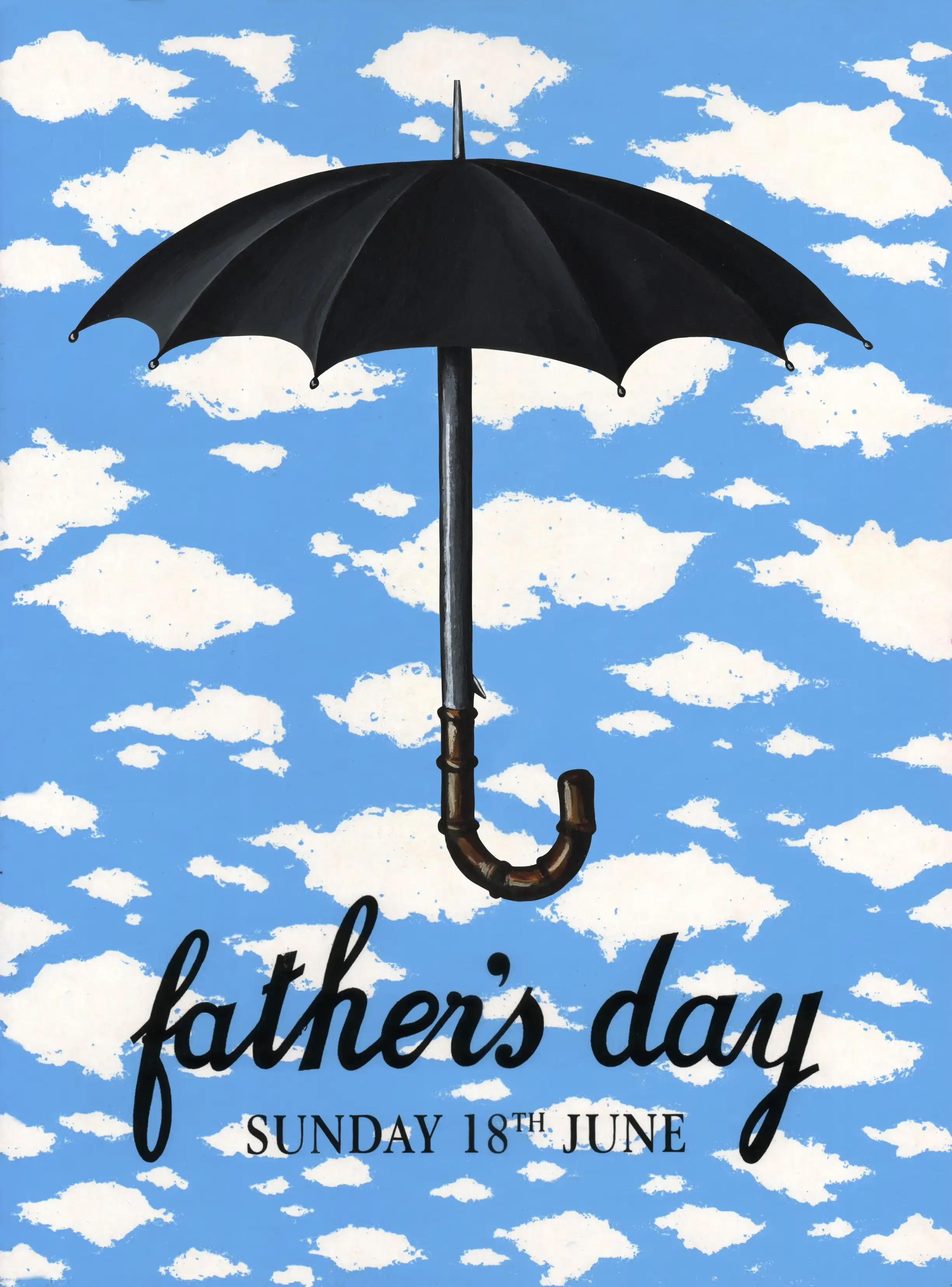 Father's Day poster featuring an illustration of white clouds on a blue sky with a large open umbrella and black text 'father's day' and 'Sunday 18th June' in smaller black letters - painted in the style of the artist Magritte.