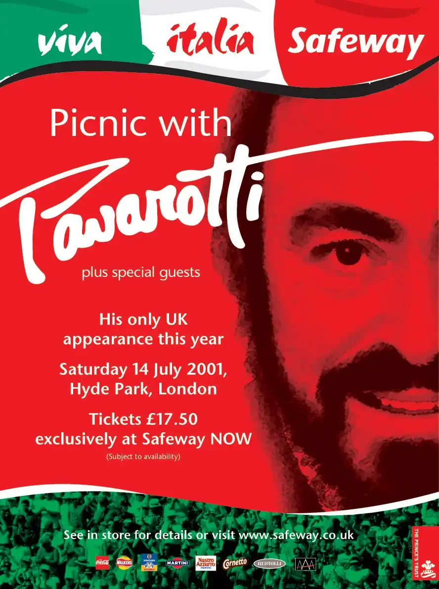 Event poster for the Picnic with Pavarotti concert, held at Hyde Park, London, on Saturday, July 14, 2001. Ticket price is £17.50, available at Safeway.