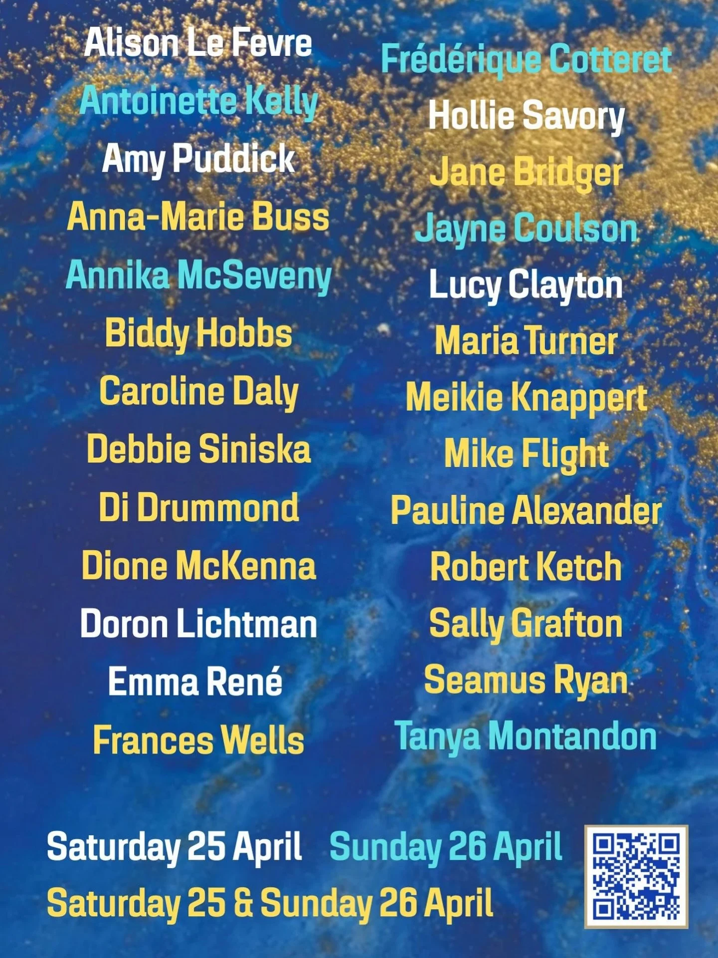 These are all of the artists taking part in the M.A.P @meet.art.people Art Fair this weekend 💙

It has been cleverly colour coded so that you can see who will be there each day 😎

I am very much looking forward to being there with my work on Sunday