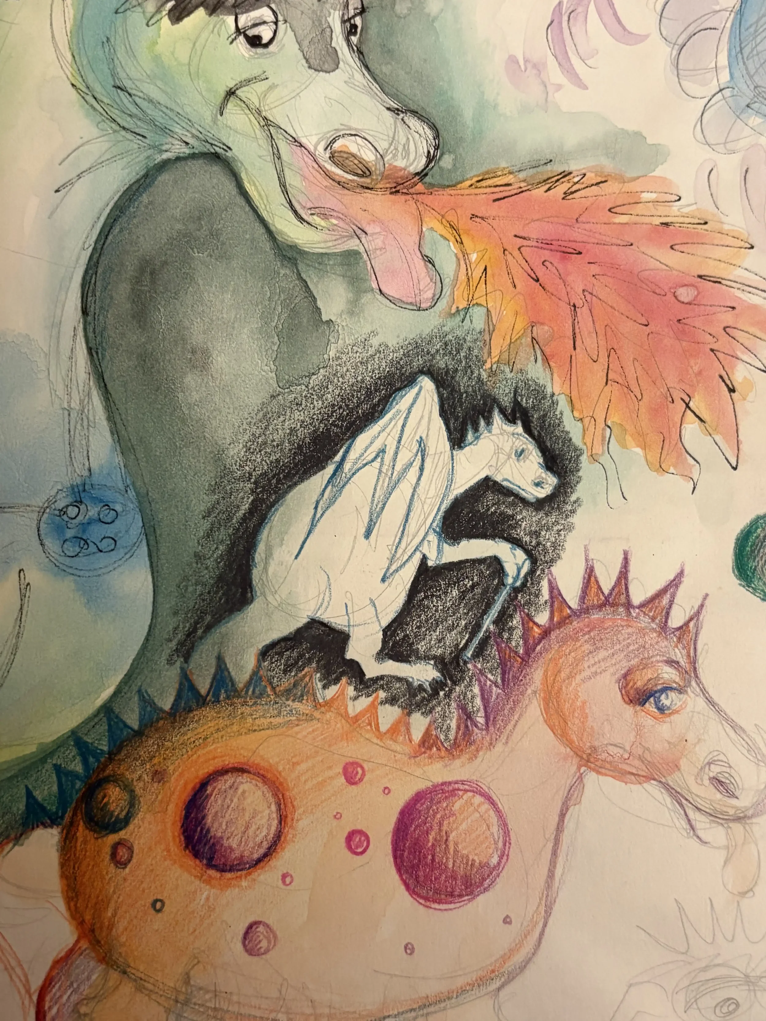 A bright and colourful pencil drawing featuring various dragons - one of them is breathing fire. 