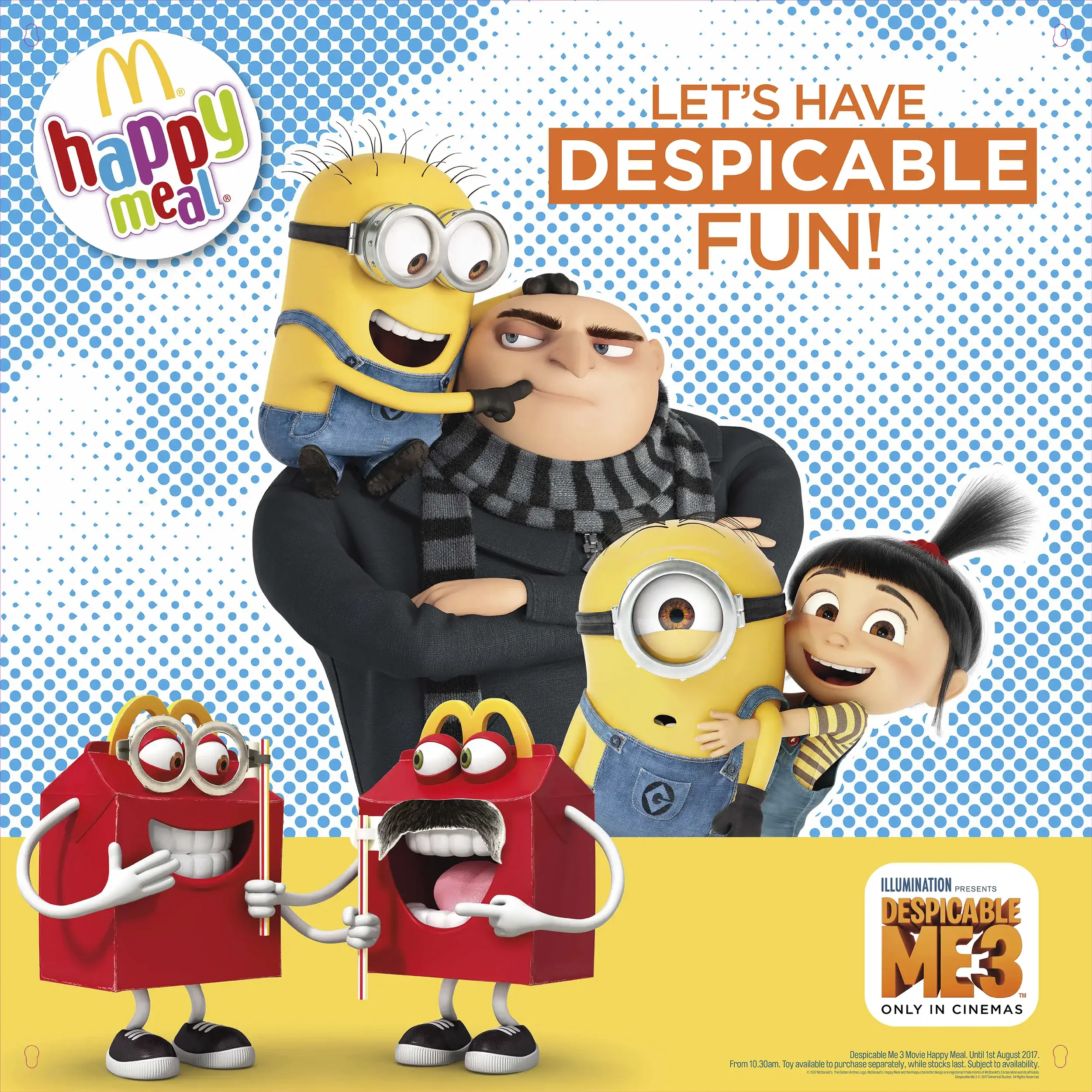 Promotional poster for the movie Despicable Me 3 featuring the Minions, Gru, and a girl with pigtails against a dotted blue background with yellow at the bottom. Text reads "Let's Have Despicable Fun!" and shows the Despicable Me 3 logo and a note ab