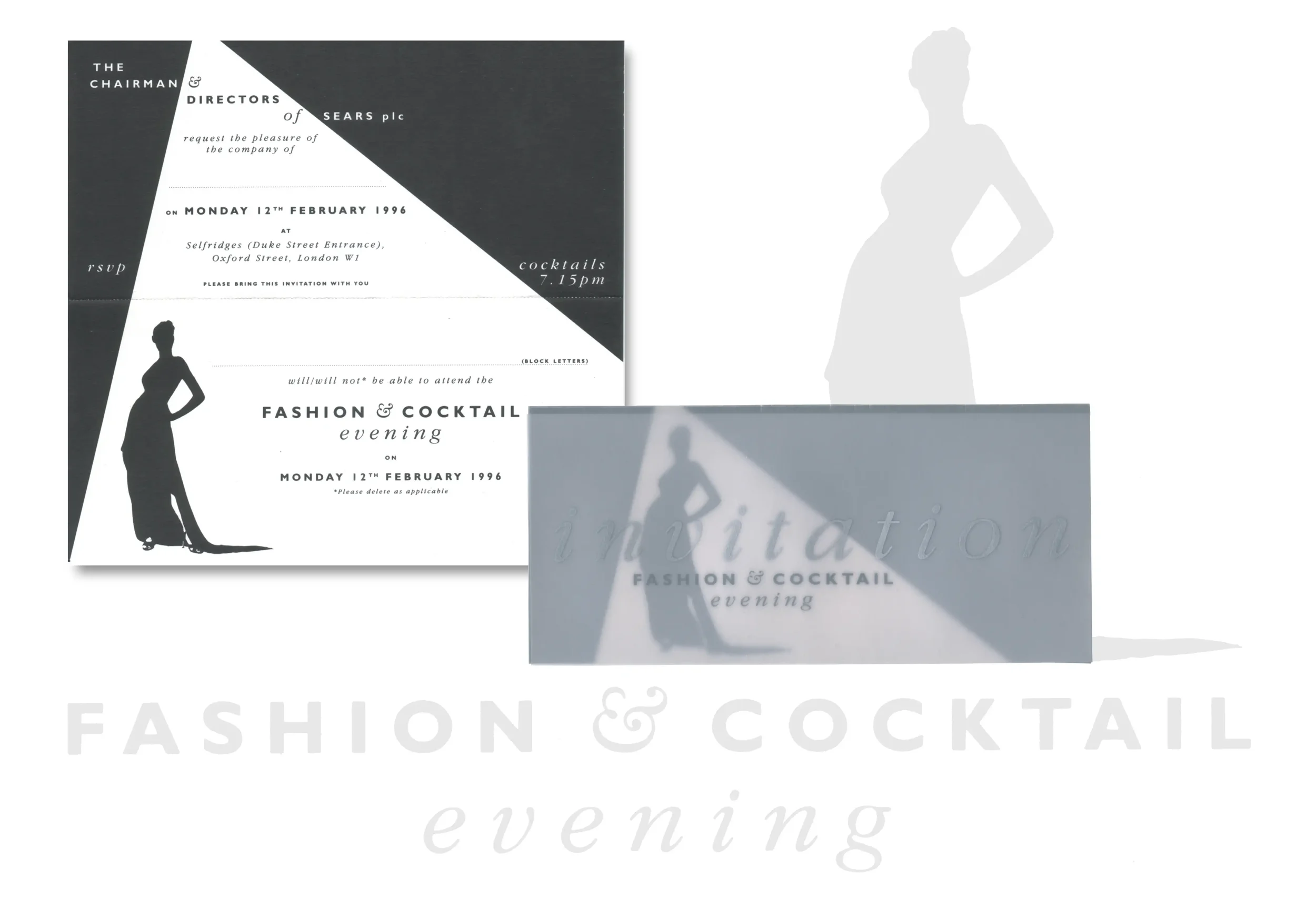Invitation for a Fashion and Cocktail Evening event, including a main invite and an RSVP card, both featuring silhouettes of a woman in a dress.