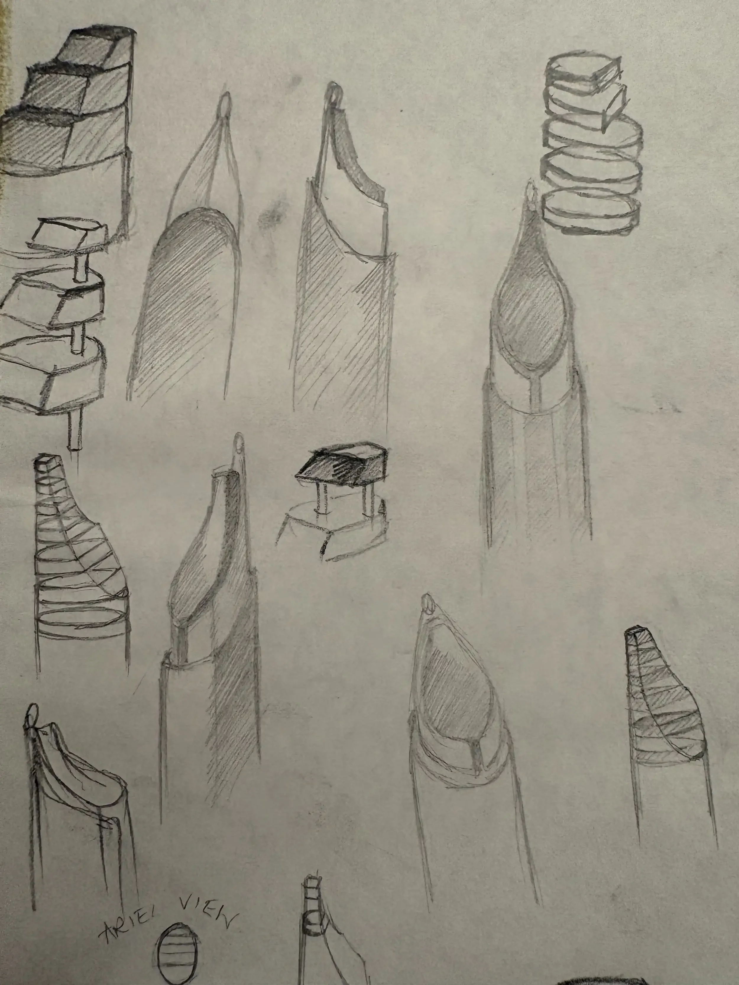 A sketch of various tower designs - imagined sections of a fountain pen.