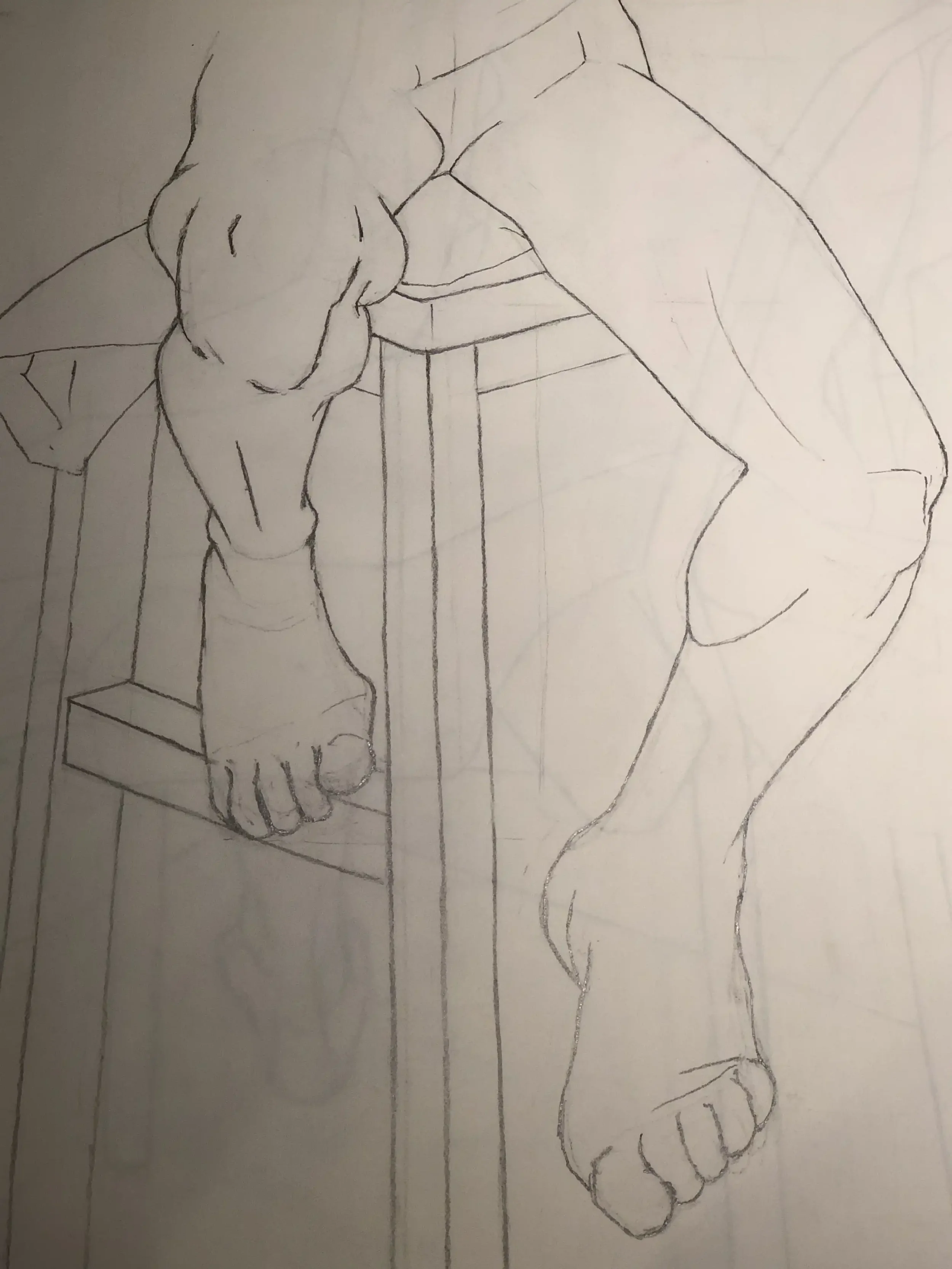 Line drawing of a person sitting on a chair with only the lower body and arms visible, focusing on the legs, feet, and hands.