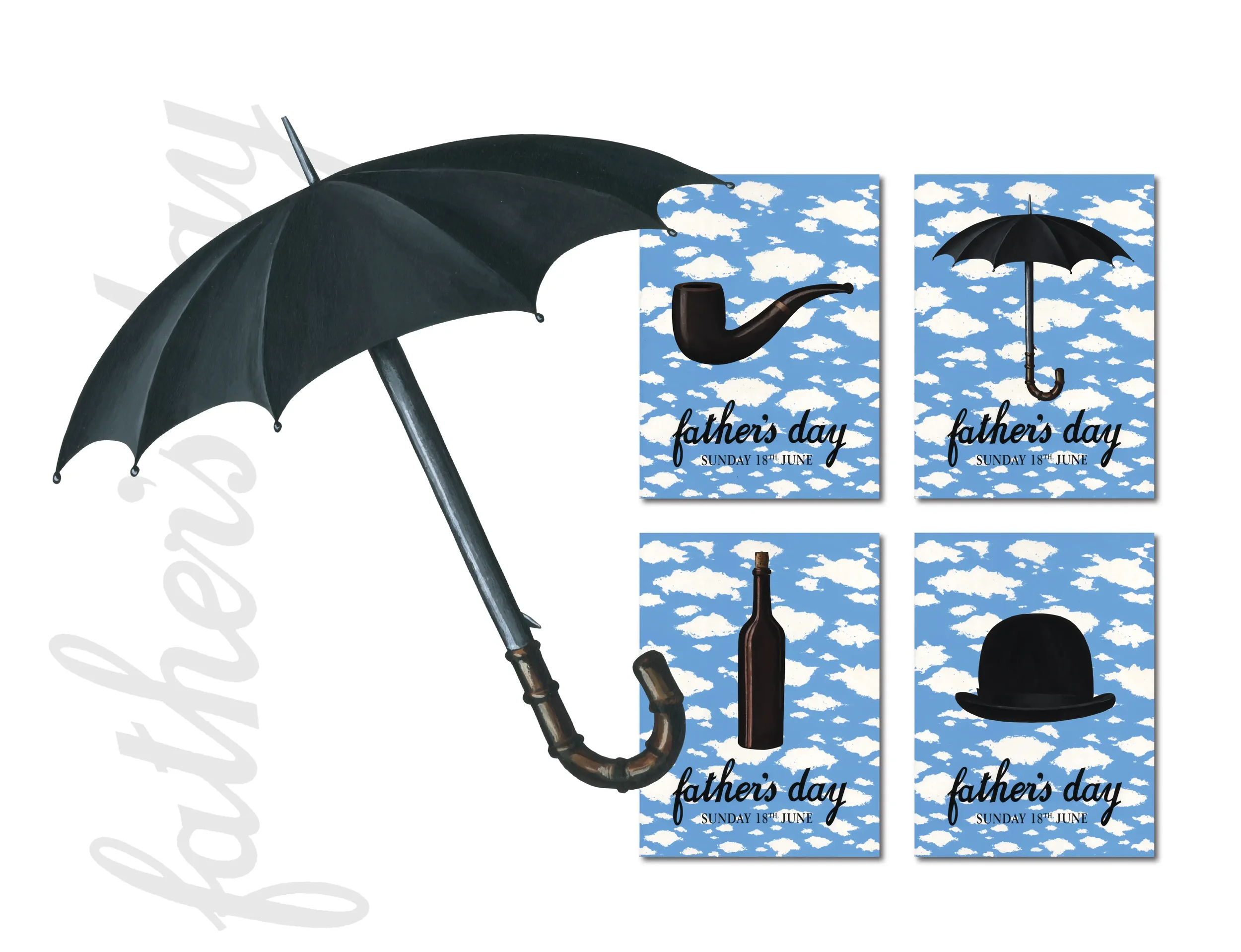 A black umbrella with four Father's Day cards featuring sky and cloud backgrounds, including a pipe, umbrella, bottle, and bowler hat, and text indicating the celebration date.