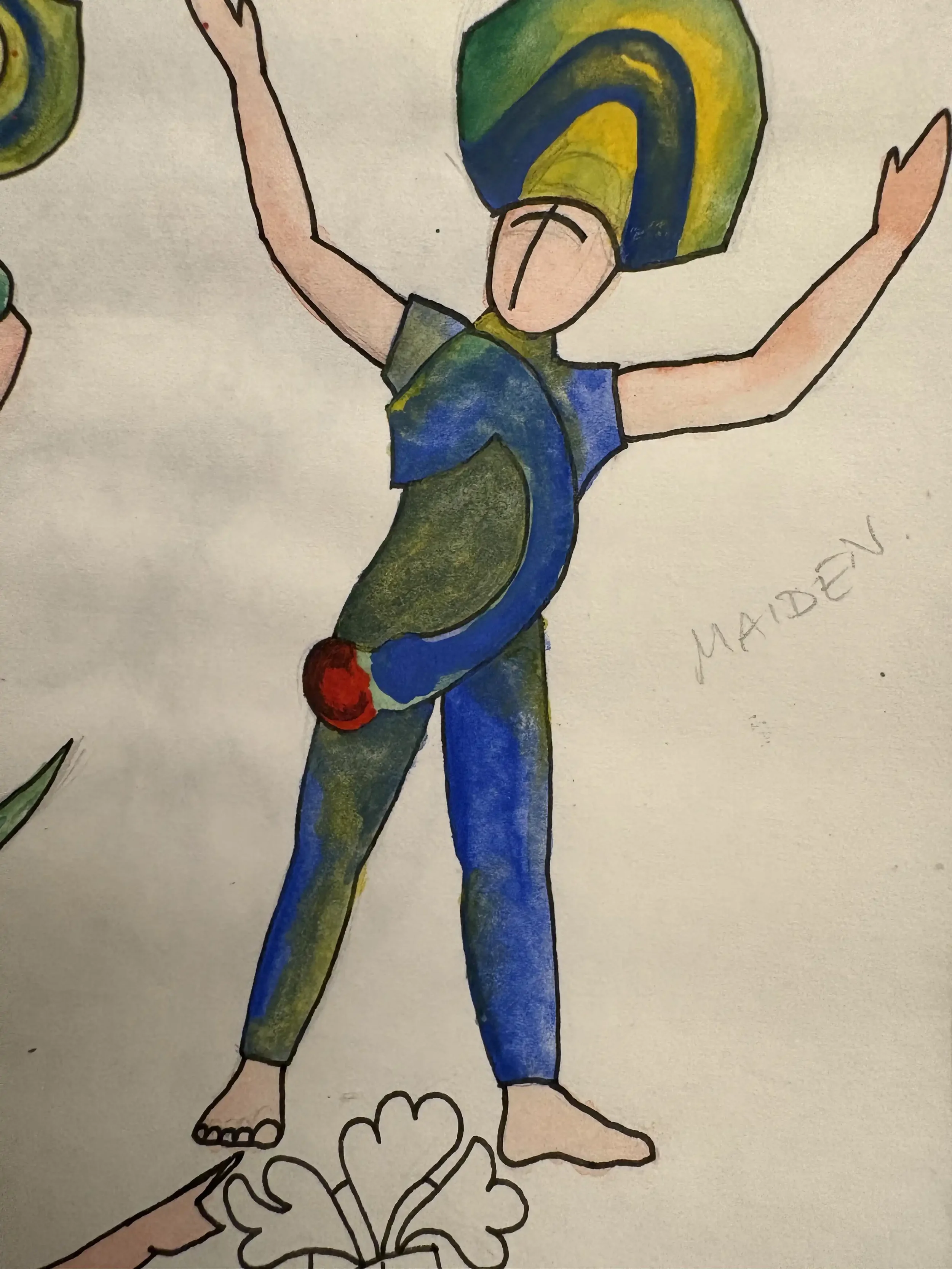 Colorful drawing of a person with arms raised, wearing a hat, with a swirl of blue and green colors on their clothes and a red ball near their waist. 
