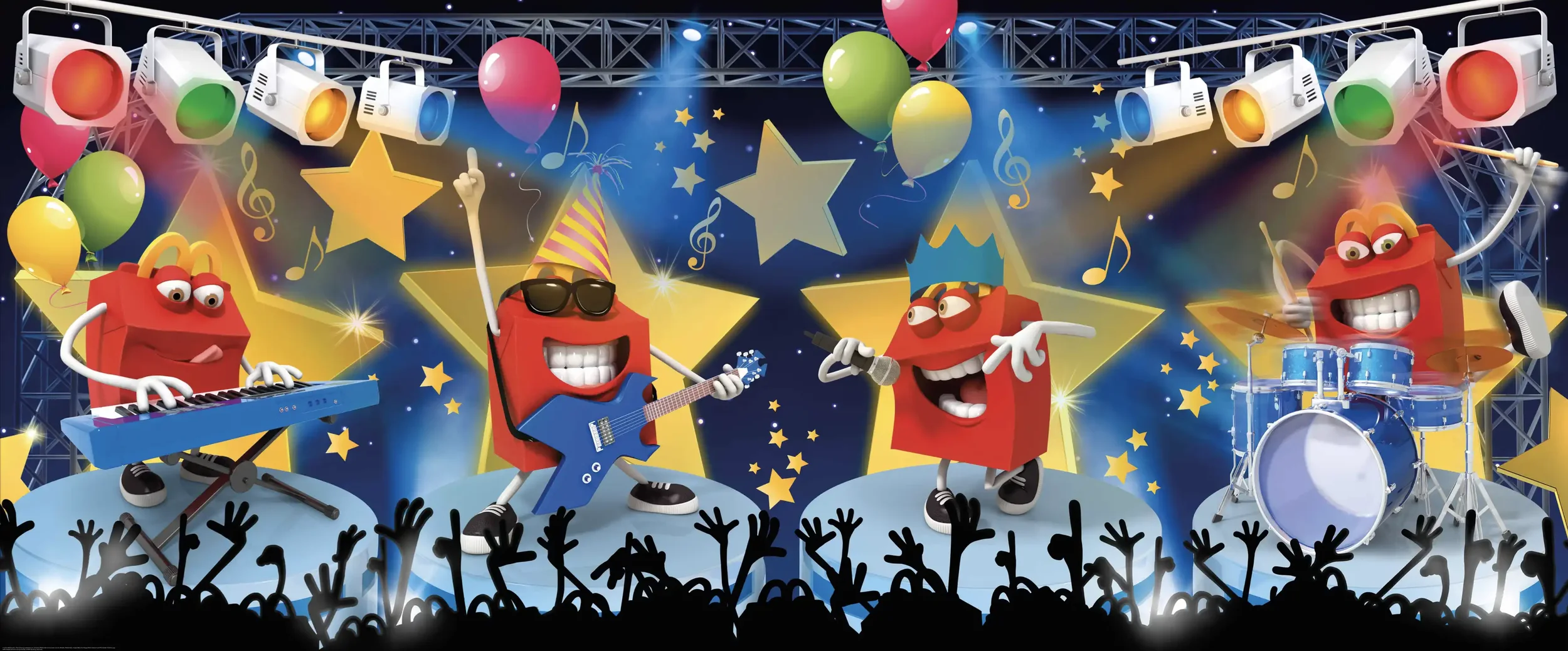 Animated Happy Meal box characters playing musical instruments and singing on stage, with a crowd of audience members' hands raised, at a lively concert or celebration.