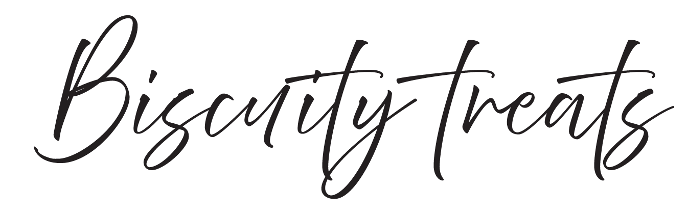 Text that reads "Biscuity treats..." in elegant cursive font.