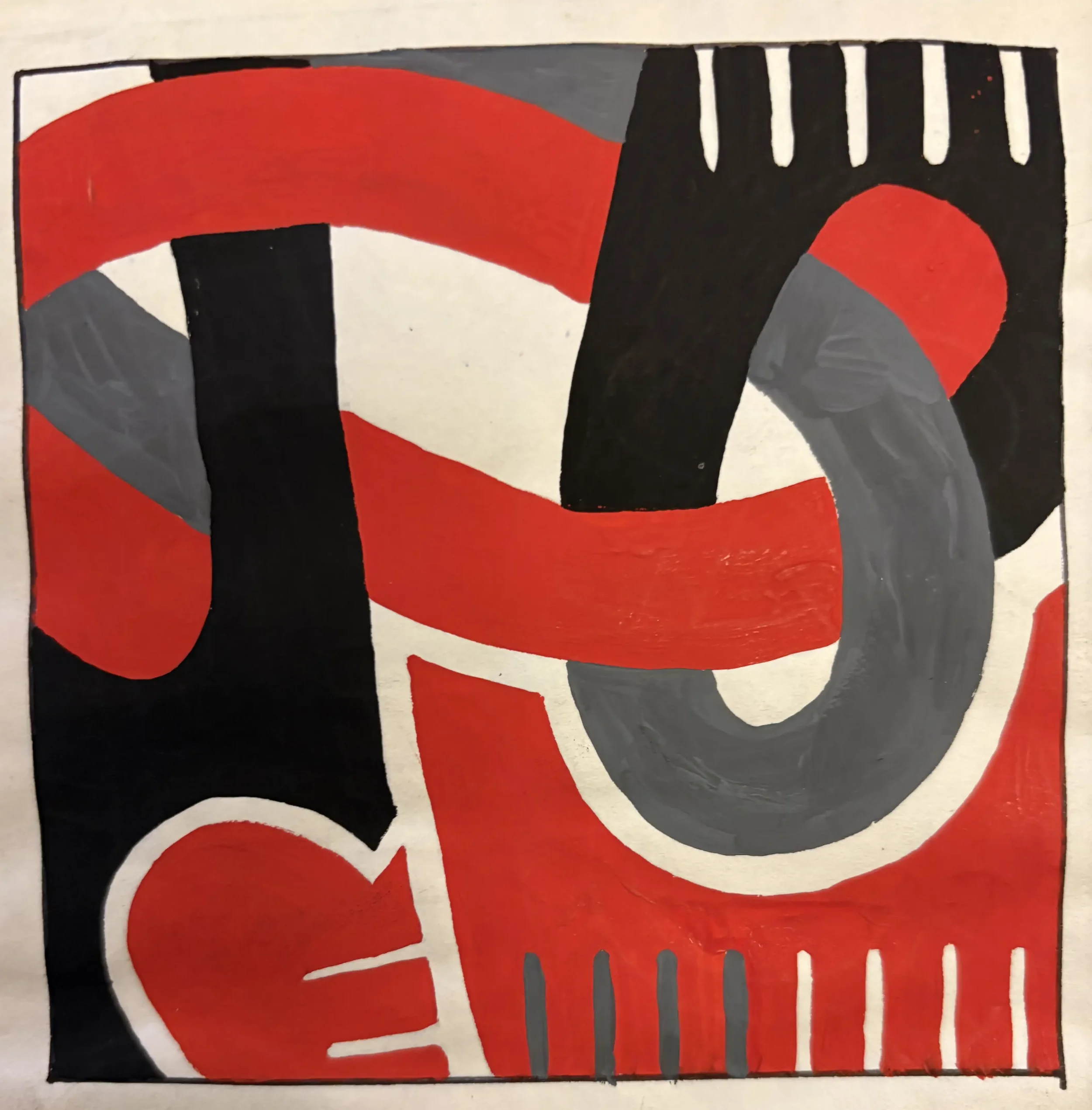 Abstract painting featuring red, black, gray, and white shapes with curved and linear patterns.