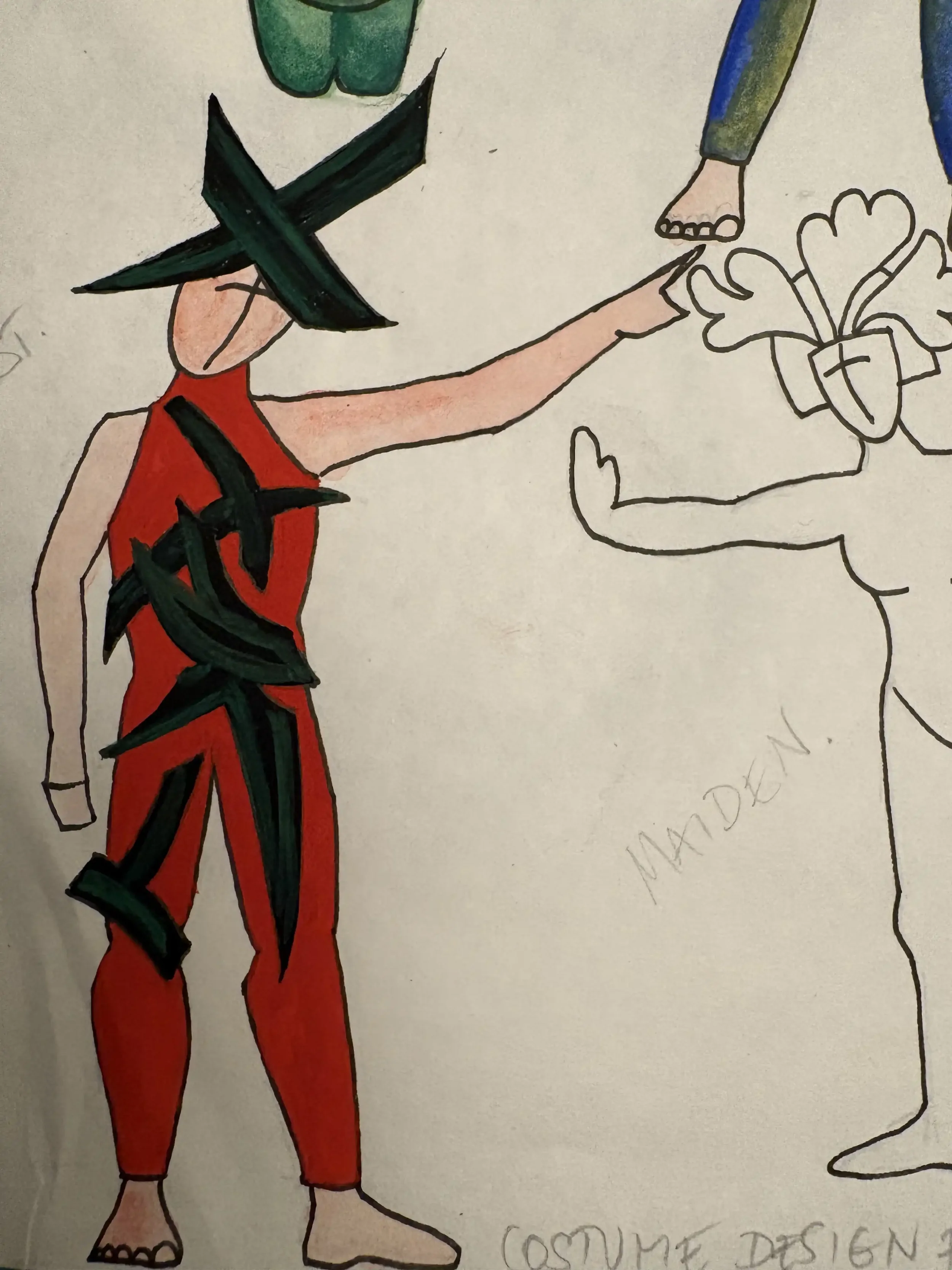 A drawing of a person with a large, black, cross-shaped hat. The person is wearing a red sleeveless top and red pants with black leaves or feather-like details. One arm is extended towards a partially drawn figure, with the other arm down. The drawin