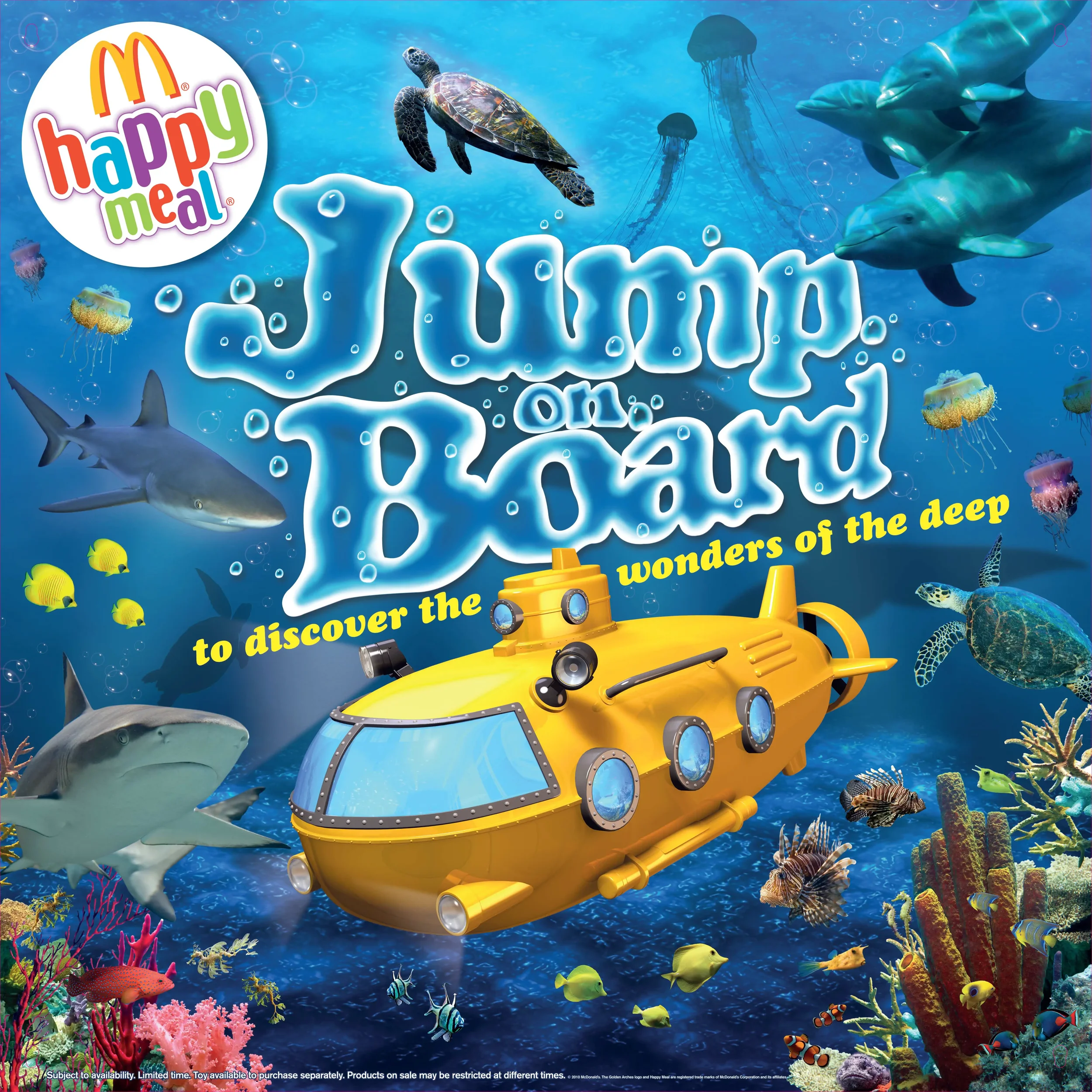 A colourful underwater scene featuring a yellow submarine, various fish, sharks, a turtle, jellyfish, coral, and other sea creatures, with the title 'Jump on a Board' and the subtitle 'to discover the wonders of the deep.' Happy Meal promotion.