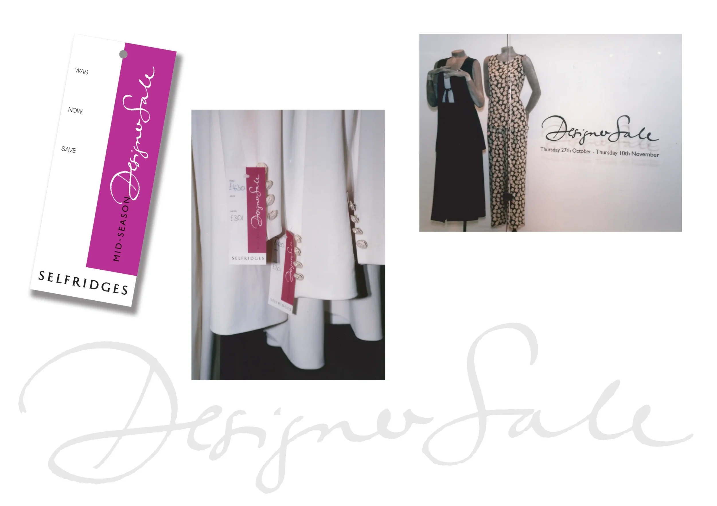 Collage of clothing and sale promotion images for Selfridges' Designer Sale, including a magenta banner with white text, white and patterned dresses with price tags, and mannequins wearing dresses.