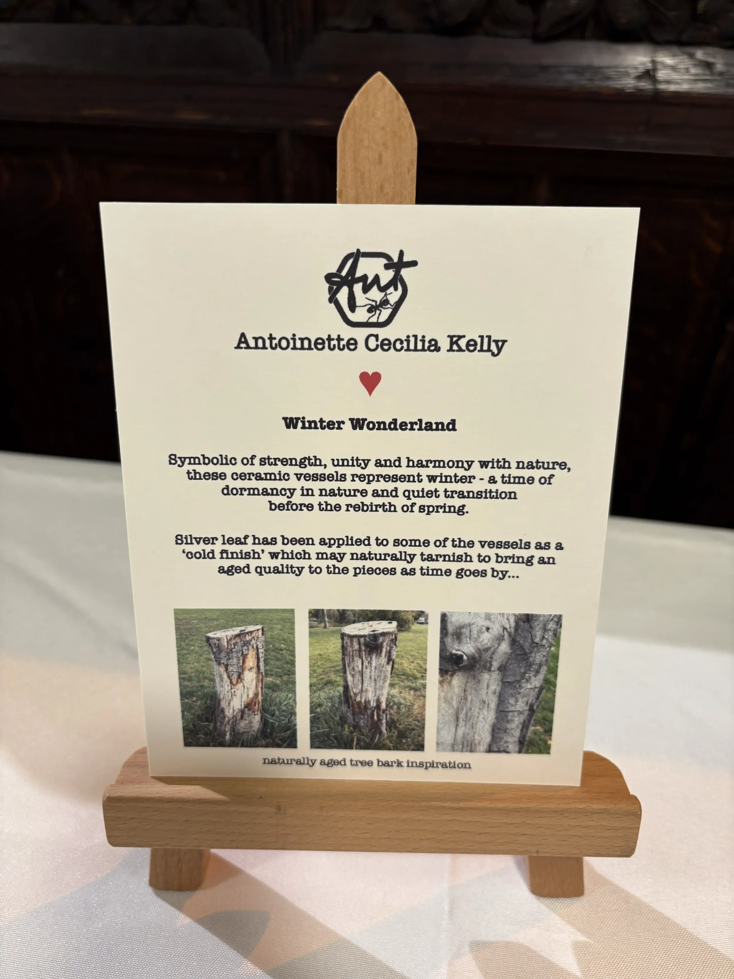 'Winter Wonderland' - symbolizing strength and harmony with nature, with photos of some naturally aged tree bark - inspiration for the ceramic pieces.