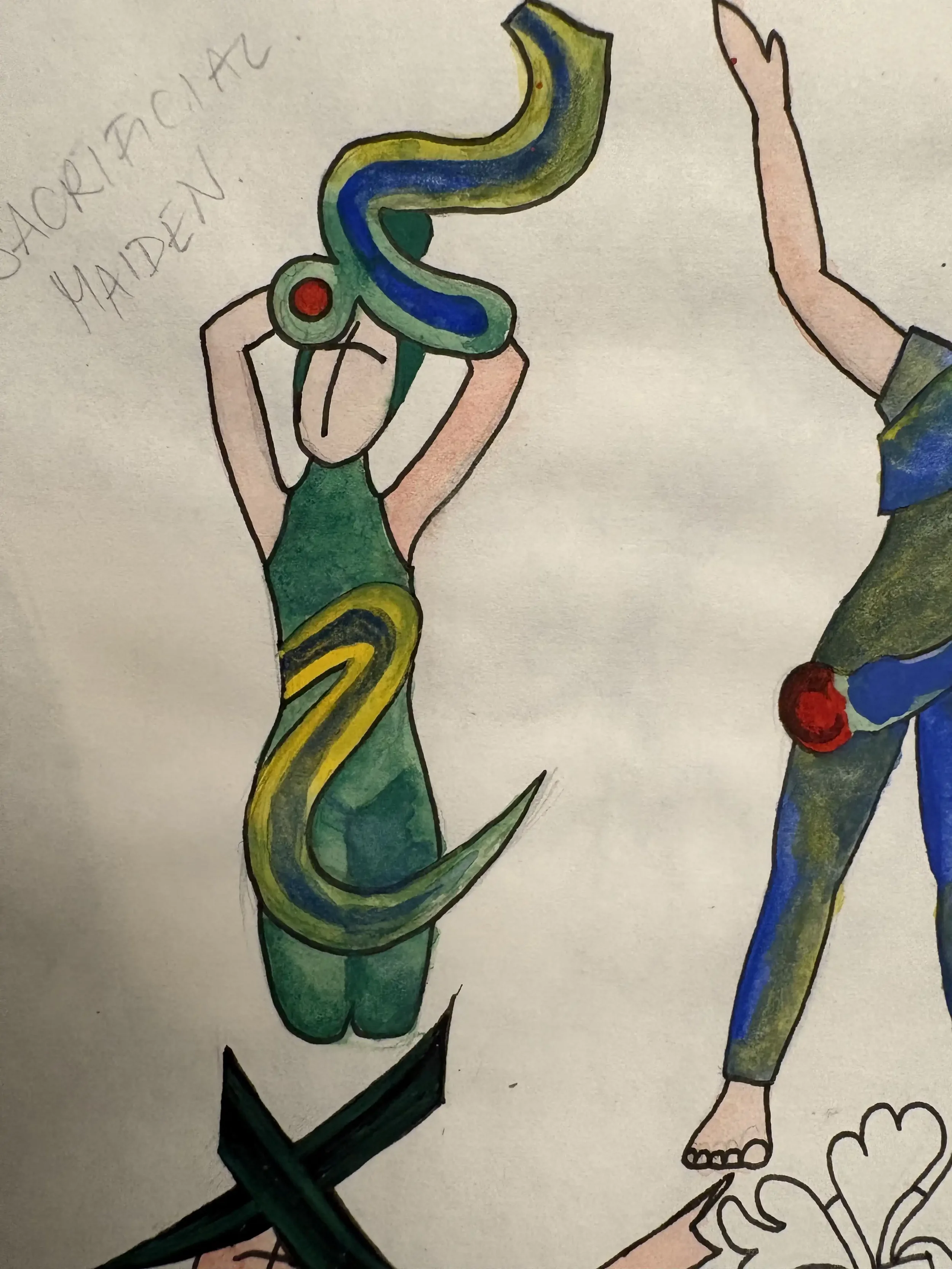 Colorful drawing of a person holding a snake above their head with the words 'Sarcophagus Maiden' written nearby.