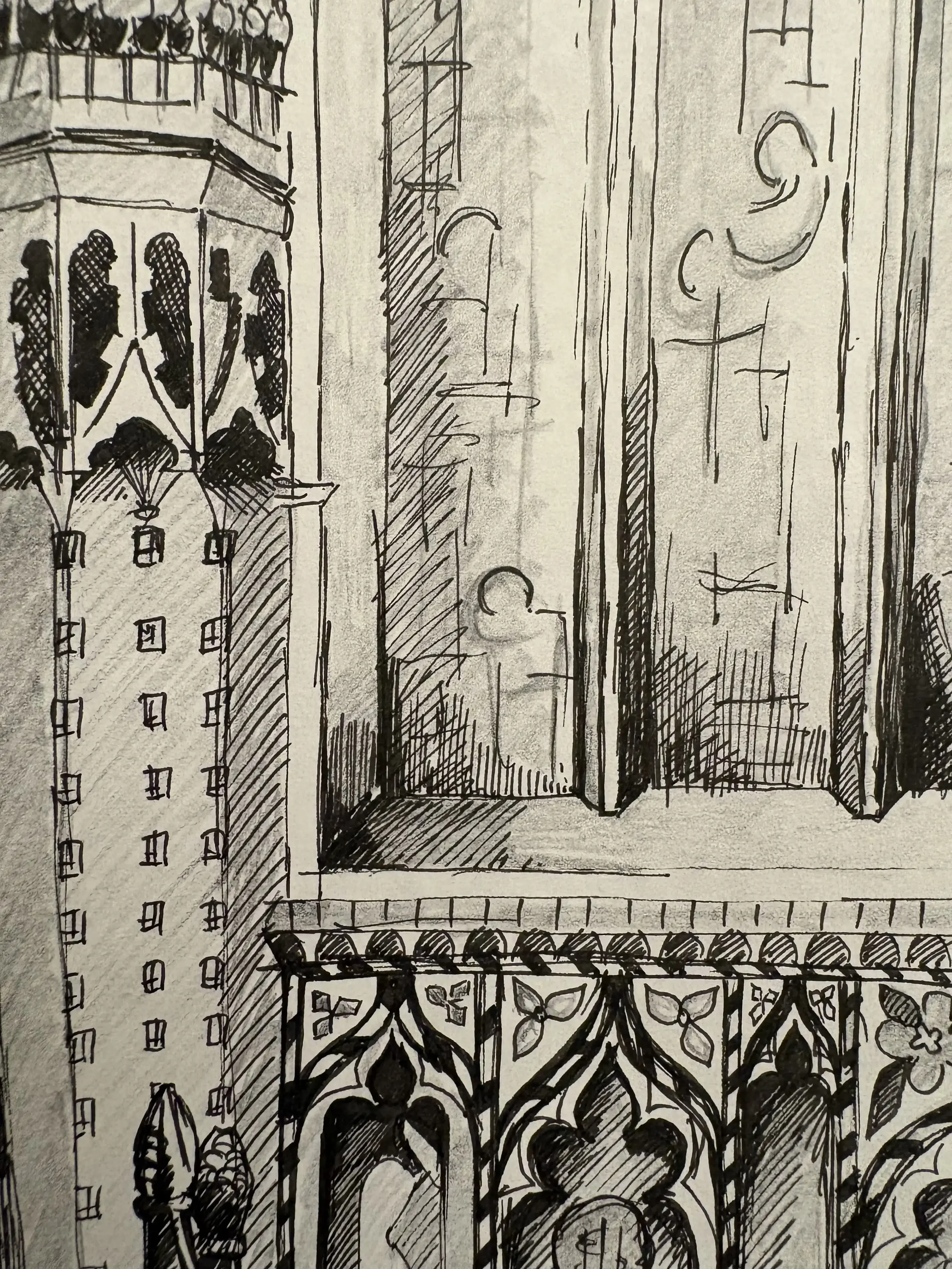 Sketch of a a church with decorative windows and archways.