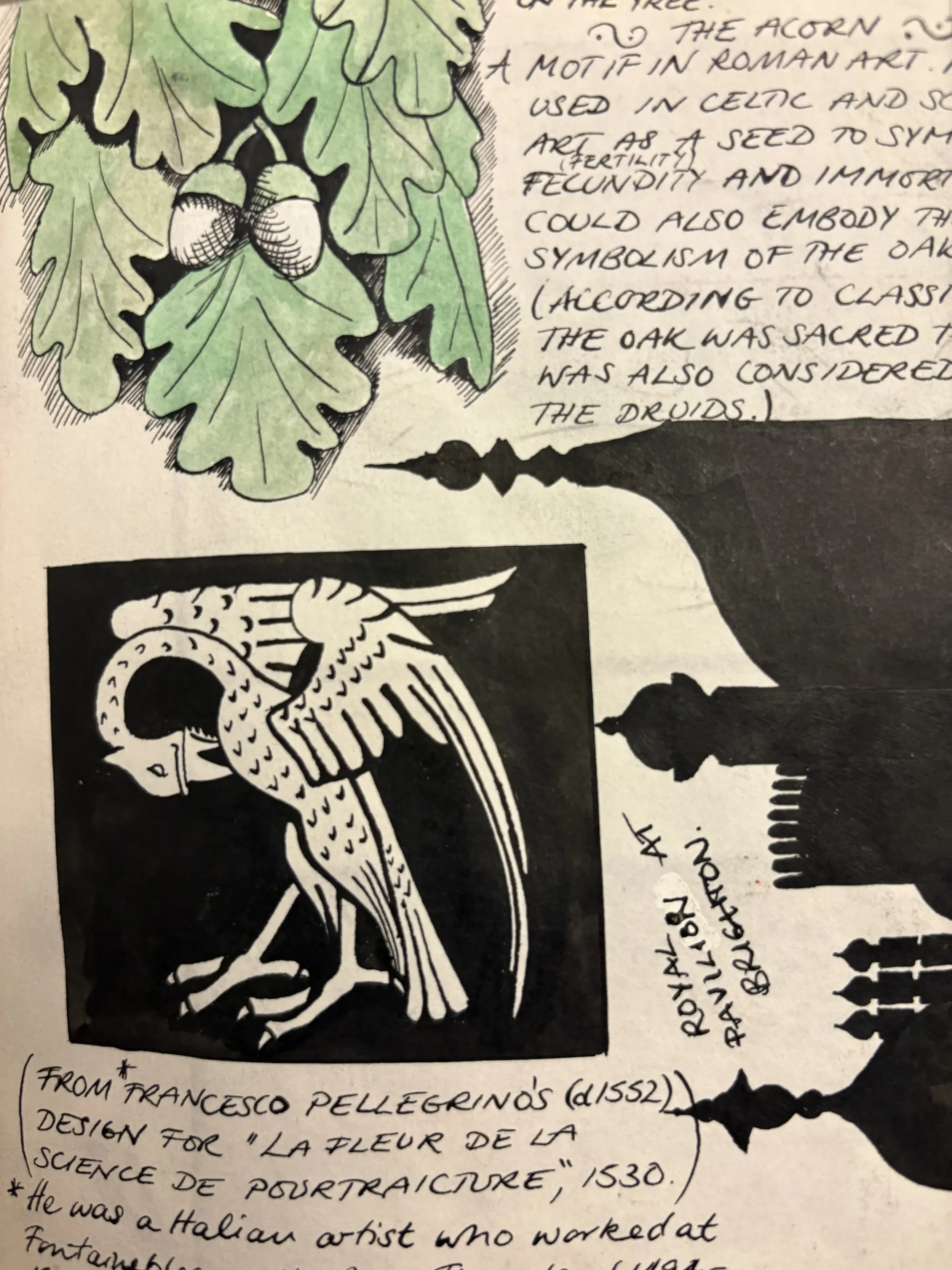 Sketchbook page with an illustration of an eagle in black and white with detailed feathers and beak, oak leaves and acorns and a silhouette of the Royal Pavilion in Brighton.