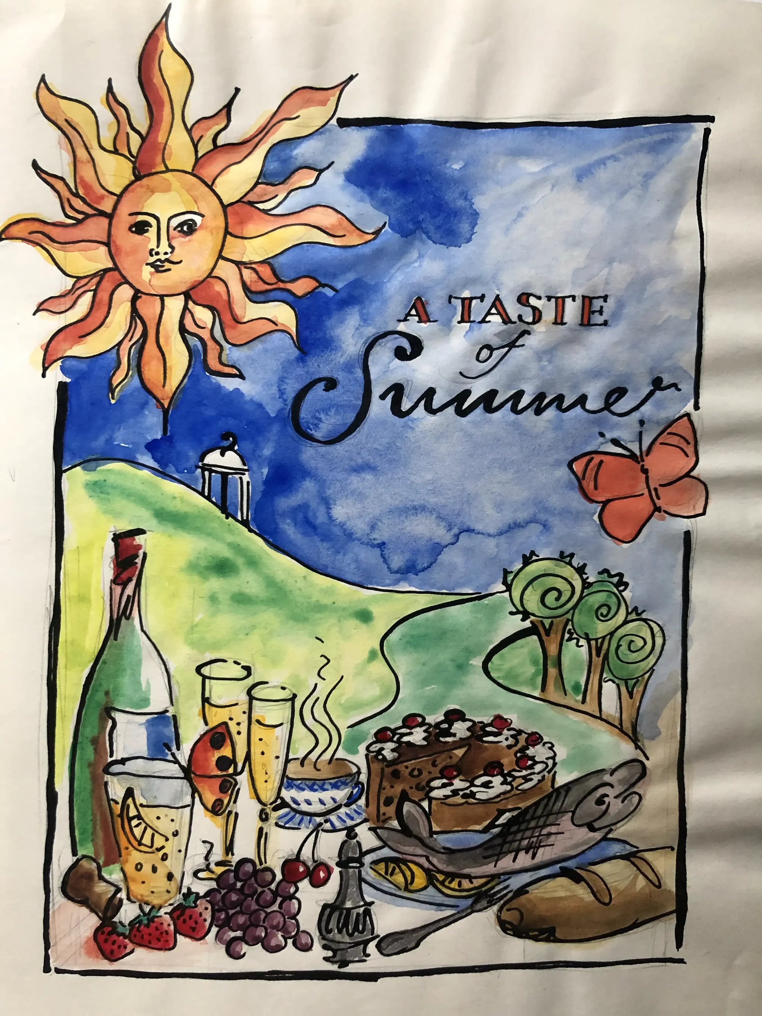 Colorful illustration with a smiling sun, blue sky, green hills, trees, and a display of food and drinks including a cake, strawberries, grapes, wine, champagne, and a bottle. The text reads 'A Taste of Summer'.