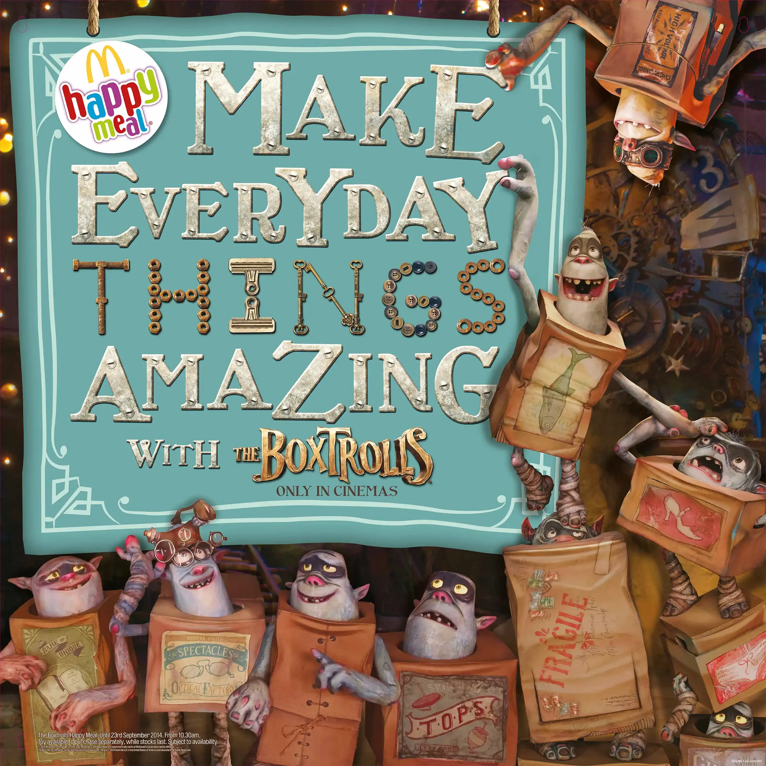 Promotional poster for the movie 'The Boxtrolls'. It features animated trolls emerging from boxes, with the text 'Make everyday thing amazing with the Boxtrolls only in cinemas' and a logo of McDonald's Happy Meal.