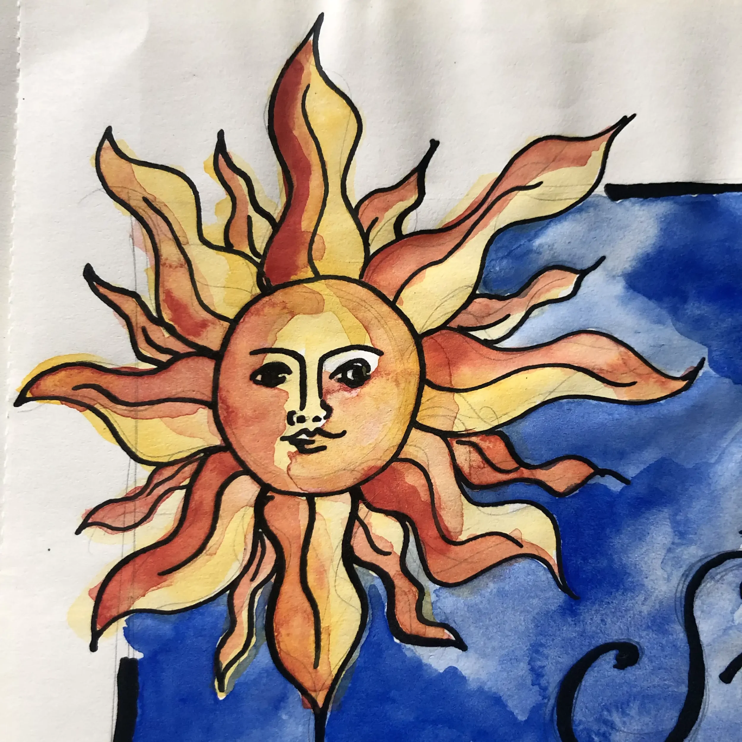 A colorful watercolor painting of a sun with a human face, surrounded by wavy orange and yellow rays, against a blue sky background.
