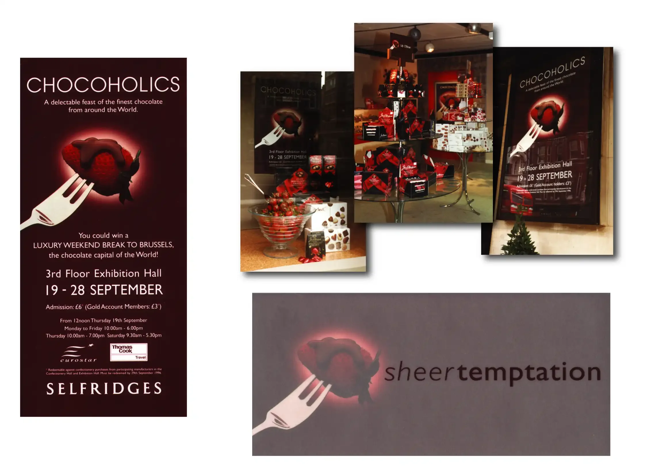 Display poster and promotional images for Selfridges Chocoholics event featuring chocolate, with details about exhibition dates, location, and theme of temptation.