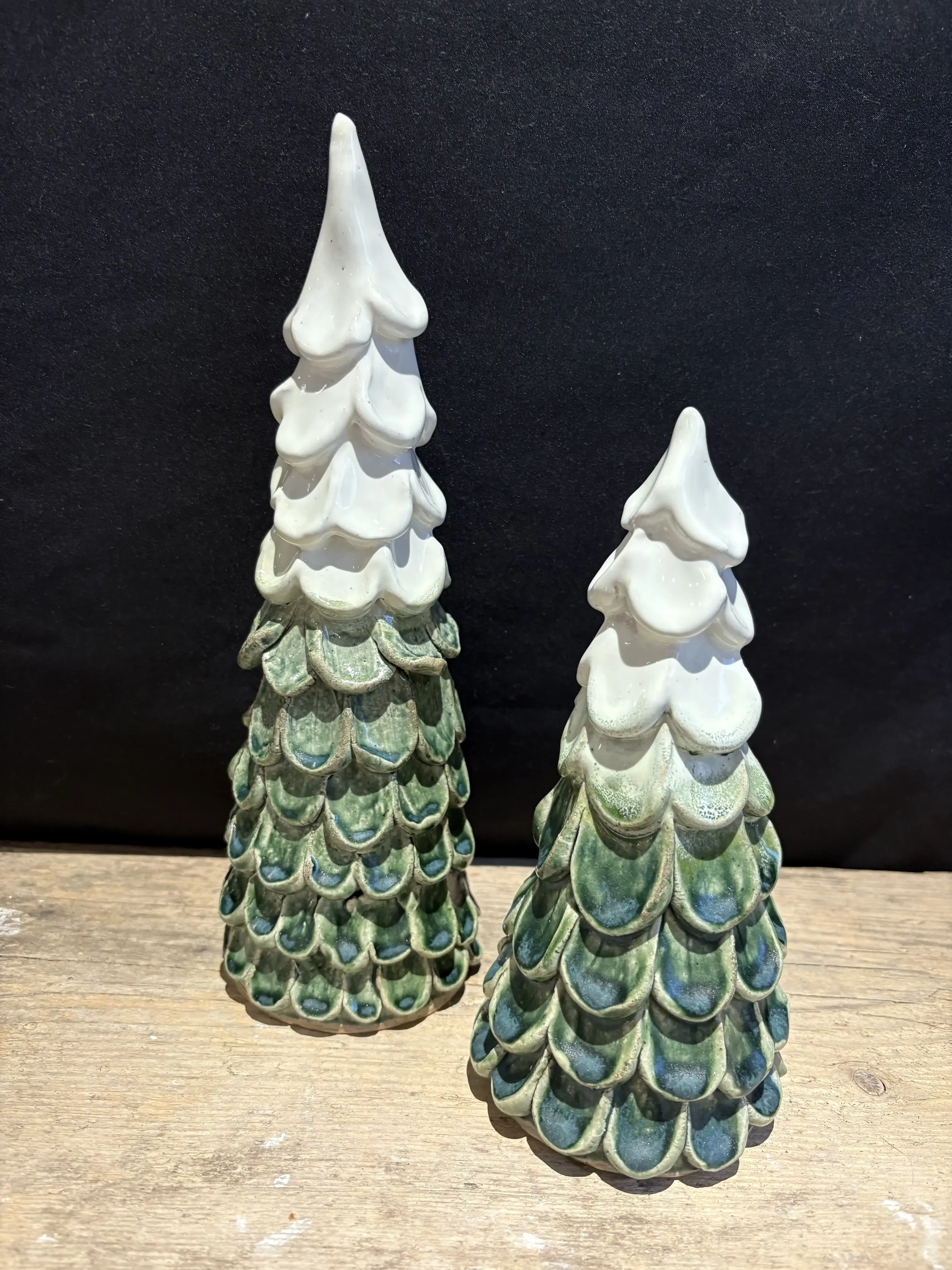 Textured Christmas trees with green and white glaze.