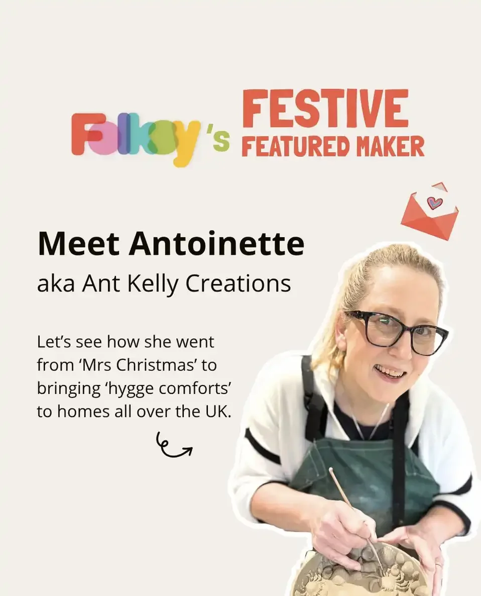 Promotional image introducing Antoinette from Ant Kelly Creations, showcasing her making handmade crafts, with colorful text and an envelope with a heart on it.