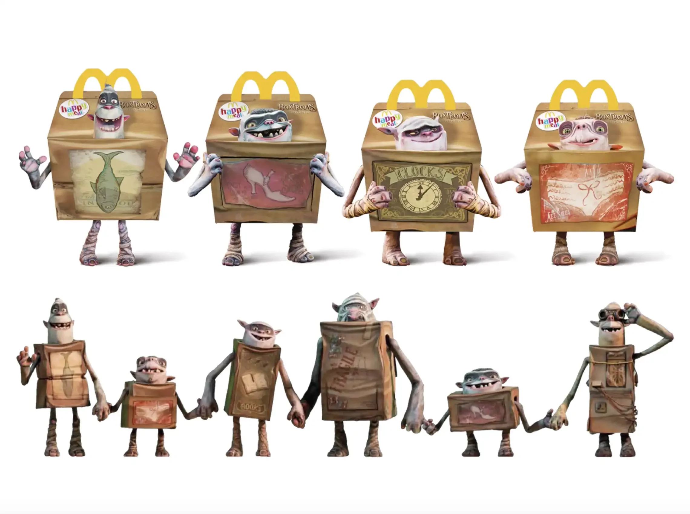 Boxtrolls dressed as McDonald's Happy Meal boxes and holding hands, posing together.