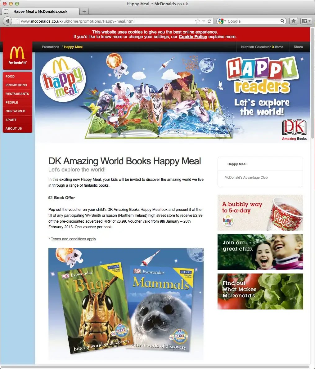 Screenshot of a McDonald's webpage promoting the Happy Meal 'Happy Readers' campaign for children, featuring colourful graphics of various animals, planets, and a book display about bugs and mammals.