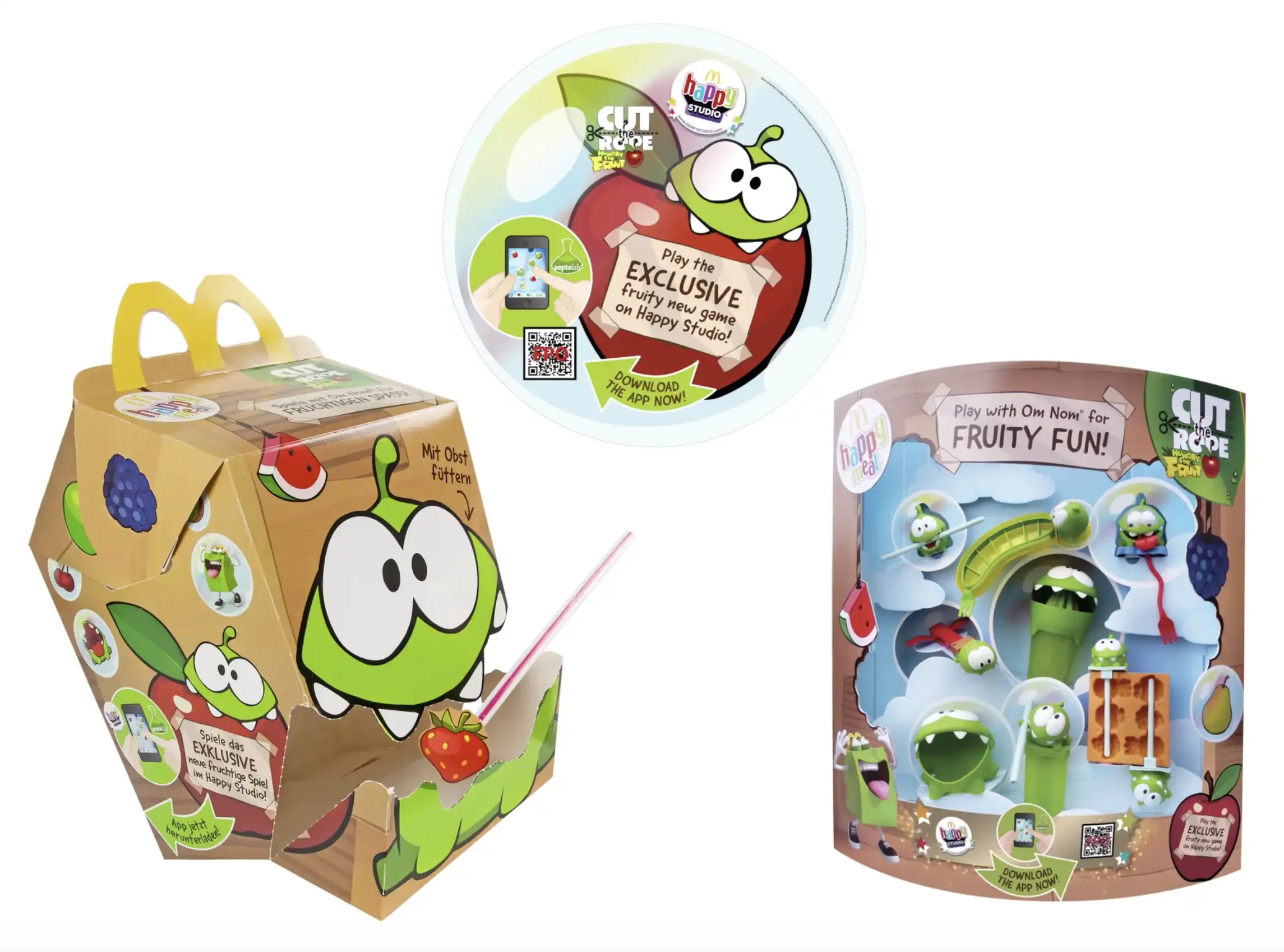 'Cut the Rope' Happy Meal box and toy display for the promotion.