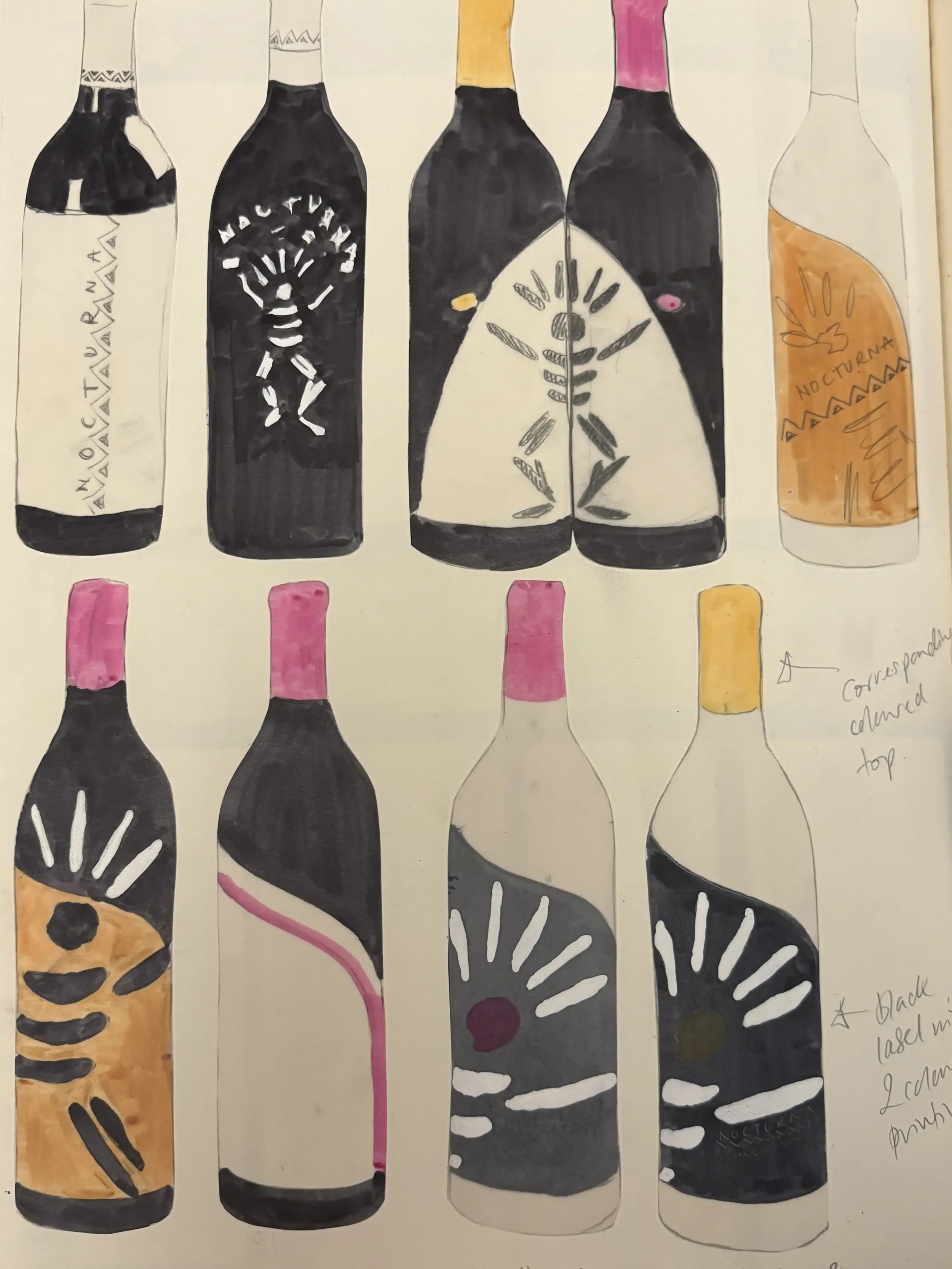Hand-drawn illustrations of various bottles with different label designs and colors, some with abstract patterns and others with solid color caps, including pink, yellow, and black.