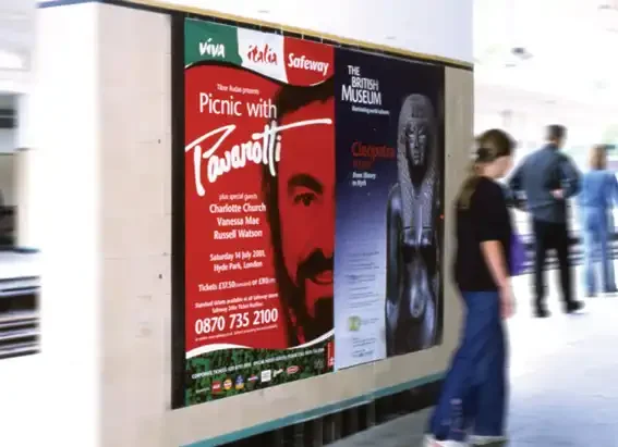 Public advertisement display with posters for the Picnic with Pavarotti event in association with Safeway supermarket