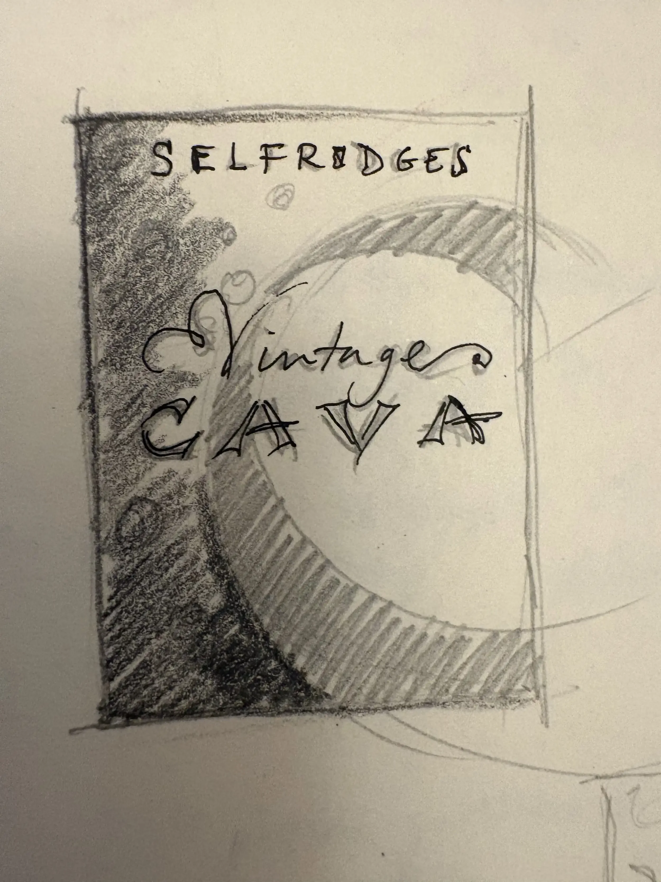 A hand-drawn sketch with the words 'Selfridges' at the top, a large circle in the centre with the words 'Vintage CAVA' written inside it, and shaded areas to indicate depth and shadow.