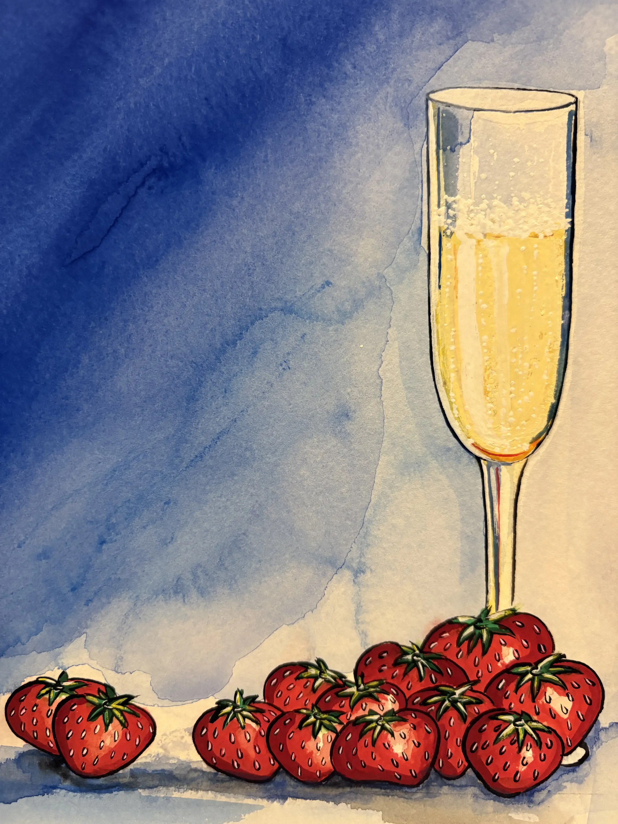 Watercolor painting of a champagne flute filled with sparkling wine, placed behind a cluster of ripe strawberries on a white surface, with a blue background.