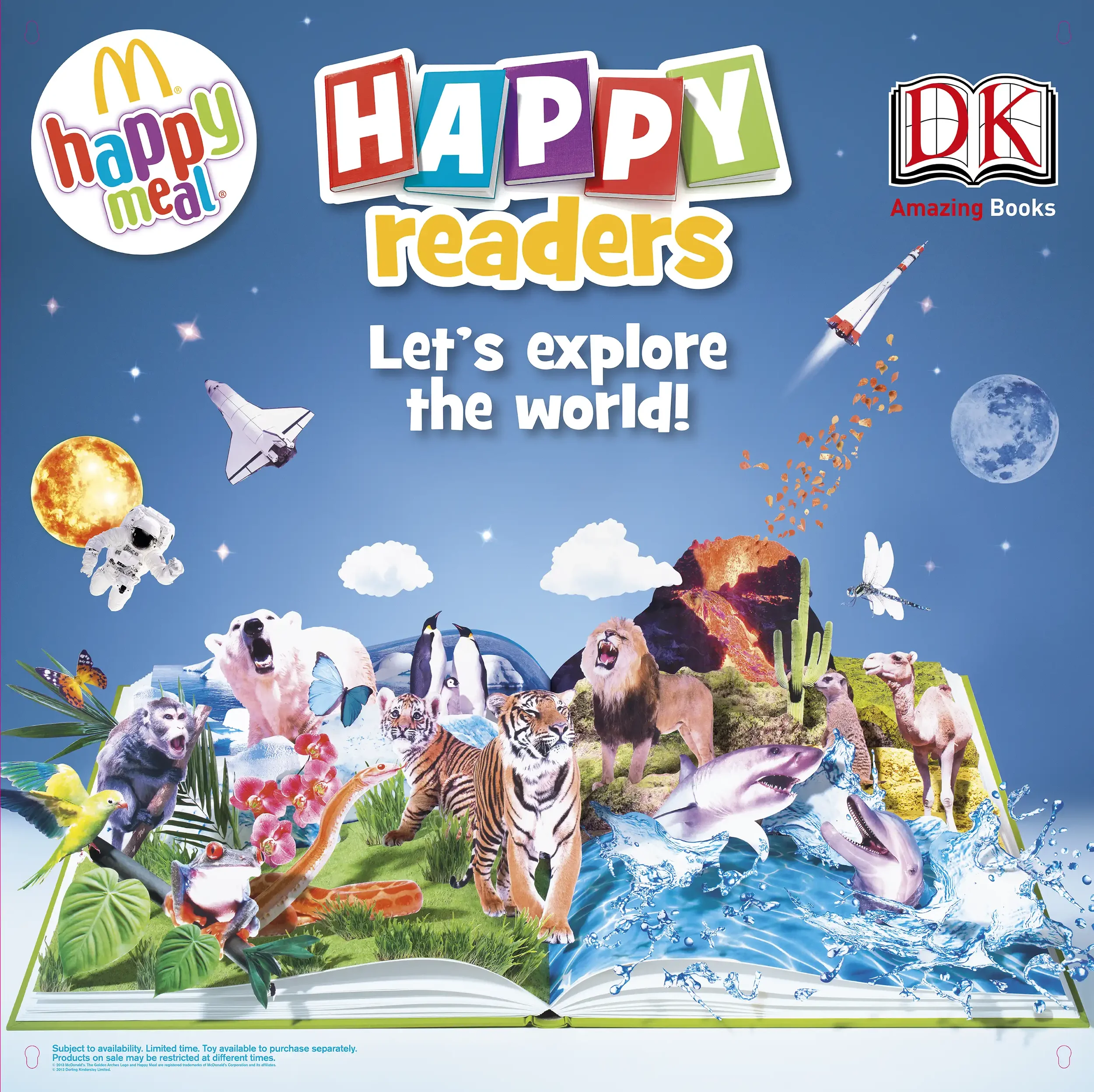 McDonald's Happy Meal 'Happy Readers' poster with the subtitle "Let's explore the world!" featuring illustrations of animals, planets, rockets, and space elements emerging from an open book.