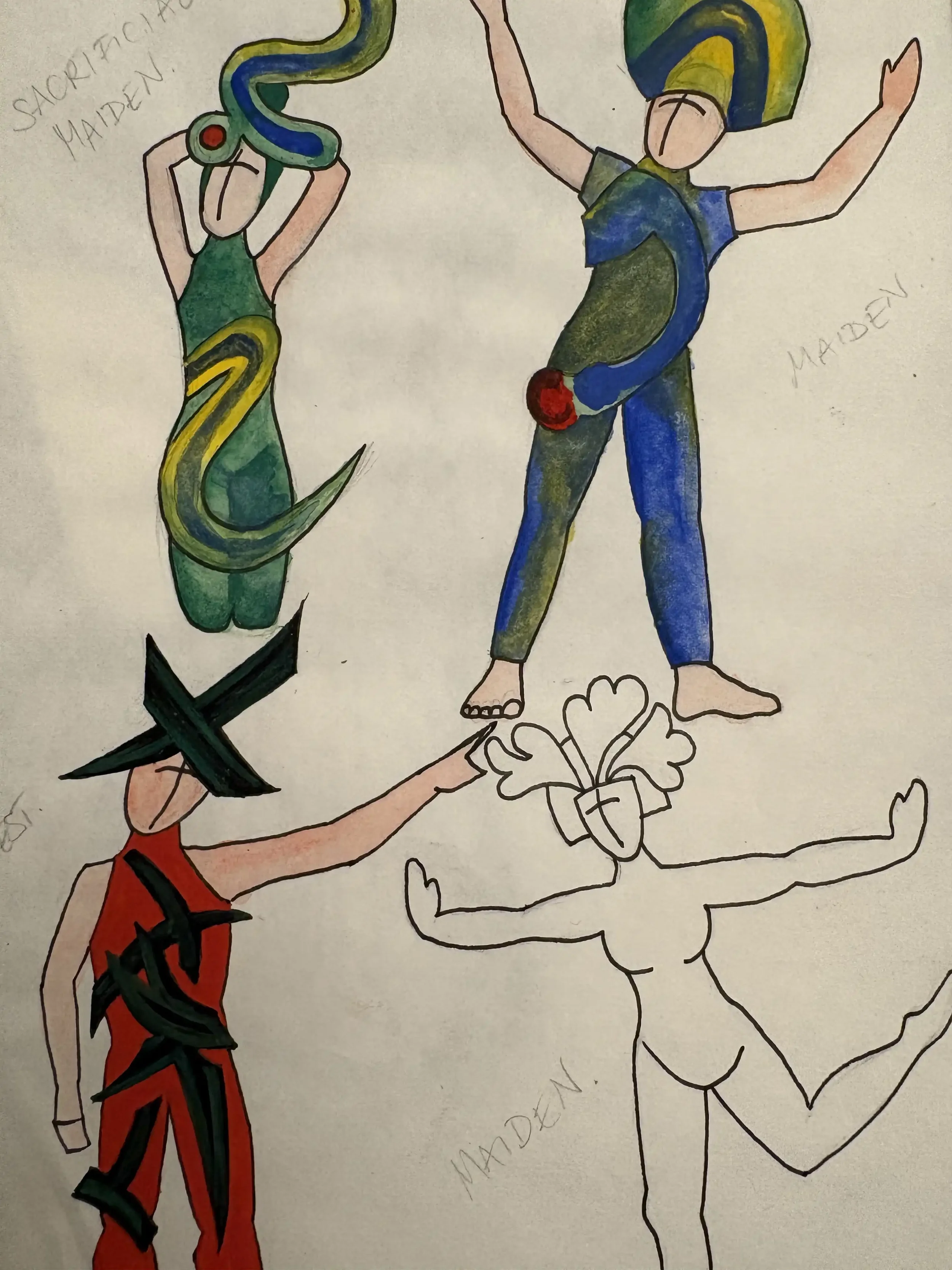 Drawing of four stylized characters, three of which are coloured and one sketched in outline. The characters have unique costumes and poses, with two of them labeled "Maiden".