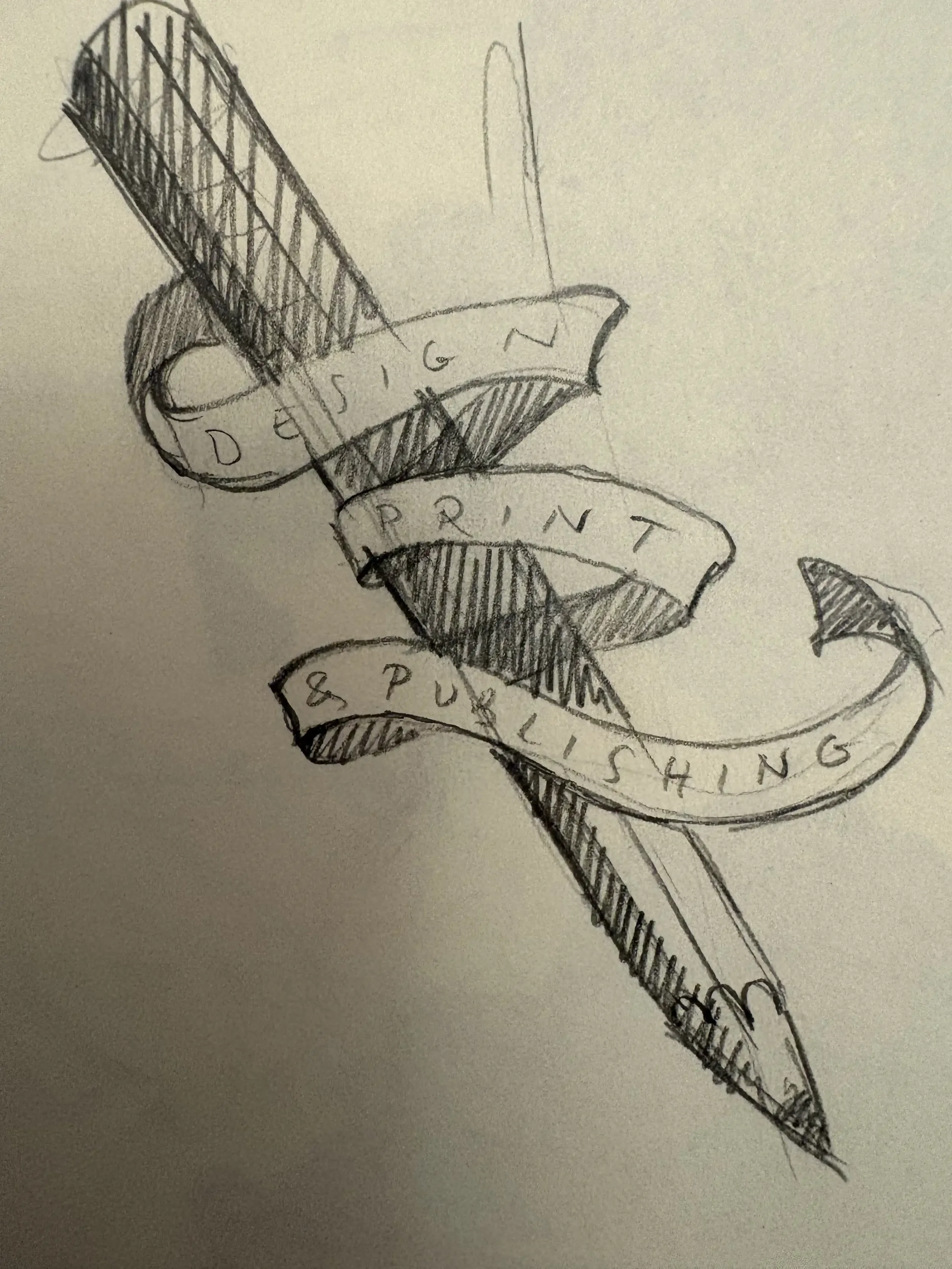 Hand-drawn design of a pencil with a banner wrapped around it, featuring the words "DESIGN PRINT & PUBLISHING."