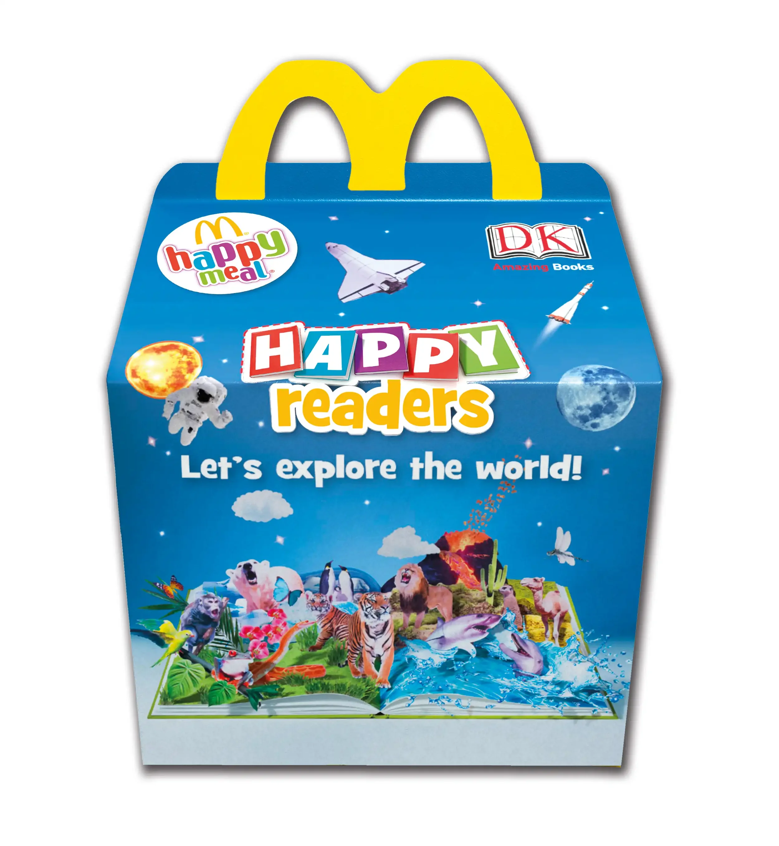 McDonald's 'Happy Readers' Happy Meal box with themes of exploration and animals, featuring illustrations of animals, space, and nature.