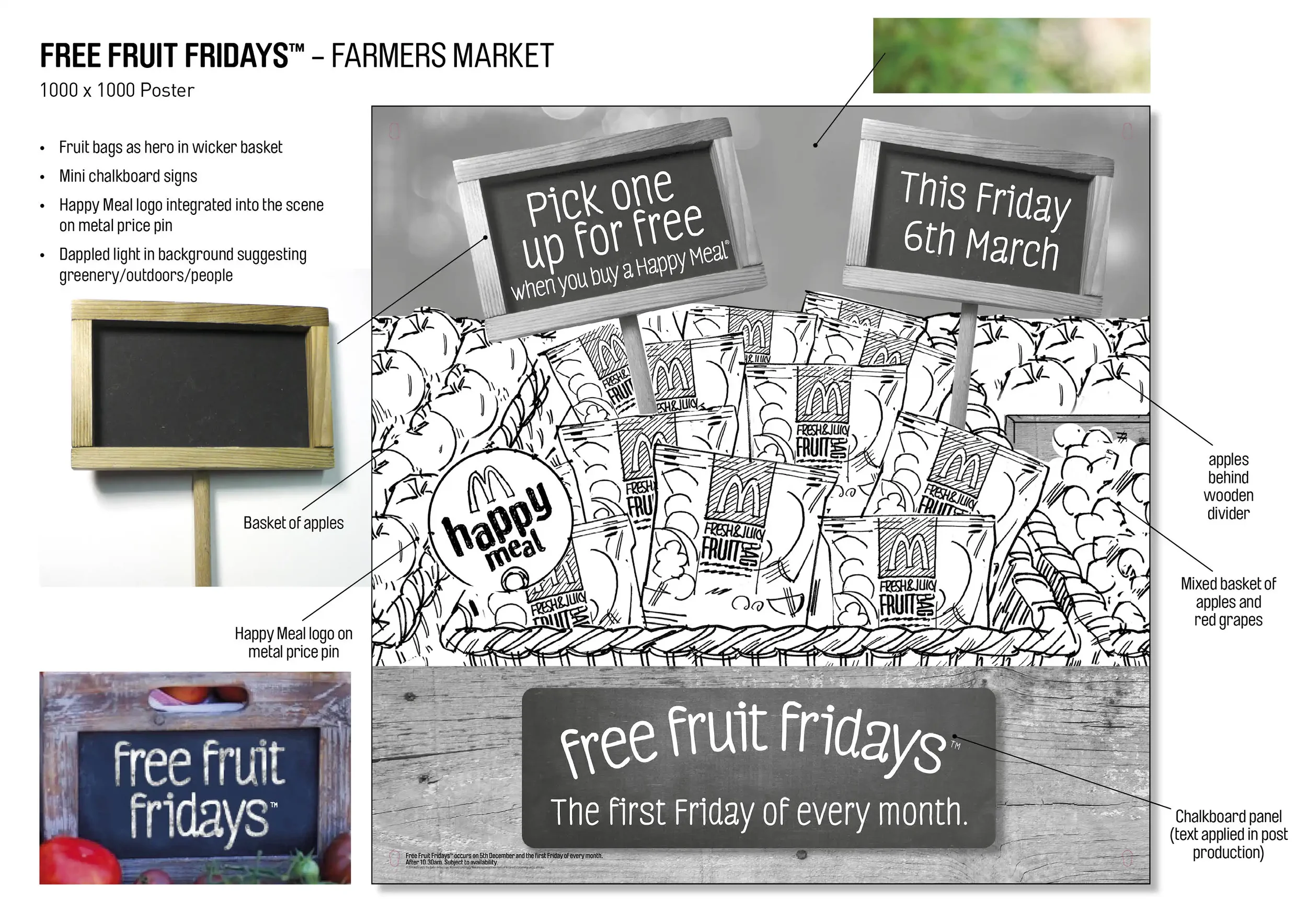 Free Fruit Fridays Poster brief, featuring a basket of McDonald's fruit packs, chalkboard signs advertising free fruit on the first Friday of each month, with handwritten messages, and a wooden divider behind the fruit display.