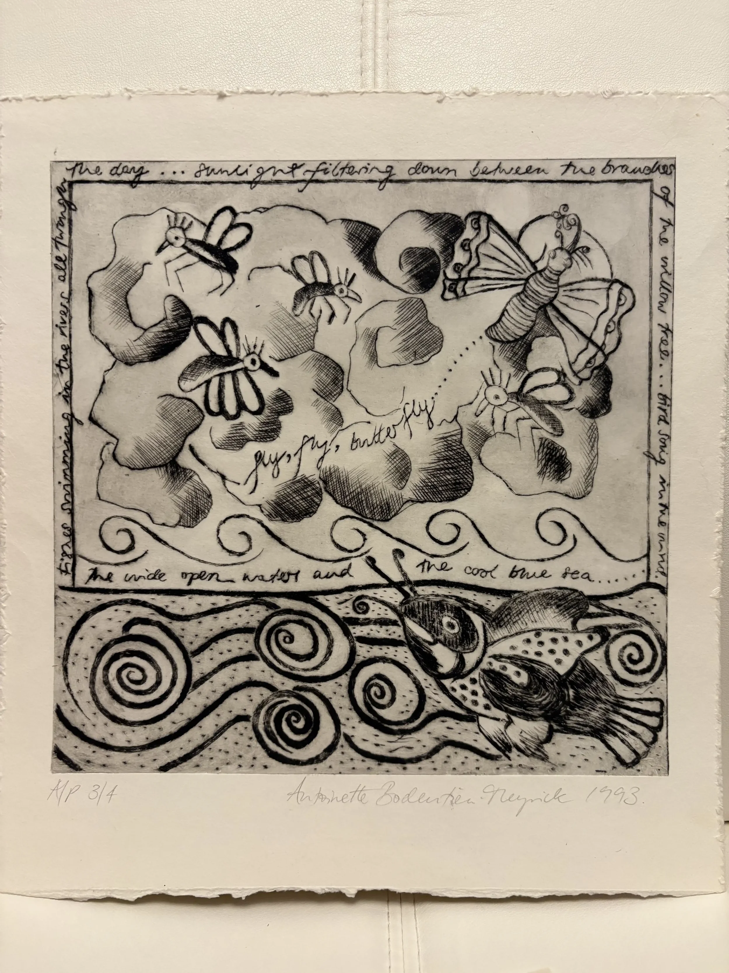 Black and white hand-drawn illustration divided into two sections. The upper part depicts bugs, butterflies, and a dragonfly among flowers with handwritten notes around them. The lower part shows swirling water with fish. Handwritten text mentions th