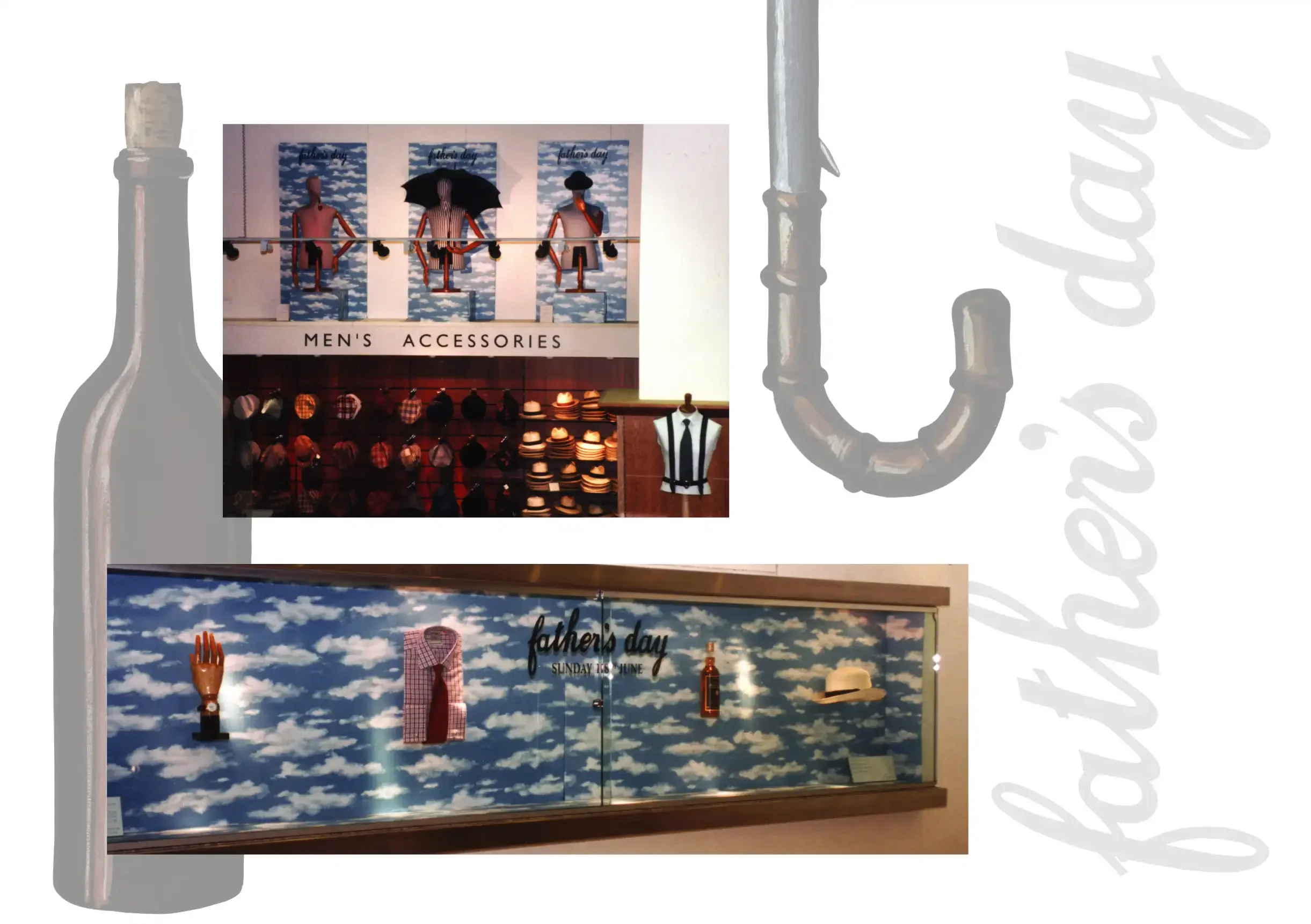 Display of men's accessories and Father's Day-themed decorations, including hats, ties, a bottle, and a hat with a cloudy sky background, with a background image of a bottle and pipe.