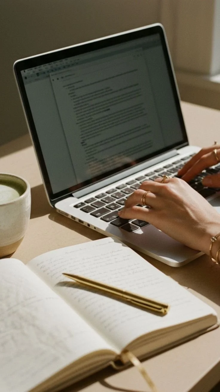 A person typing on a laptop keyboard with a notebook and a pen in front, and a cup of coffee nearby on a beige desk.