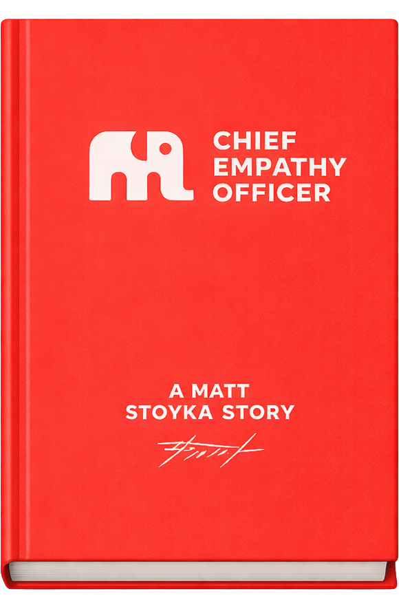 Red hardcover book titled 'Chief Empathy Officer' with a white elephant logo and written by Matt Stoyka.