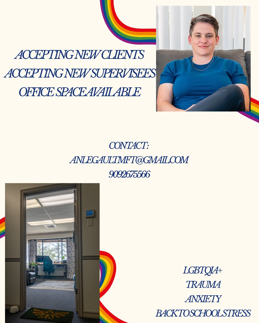 Want to work with me? 
Want to use my office?
Need a supervisor? 
Lets do it! Reach out and lets get connected. 

#uplandtherapists #lgbtqtherapist