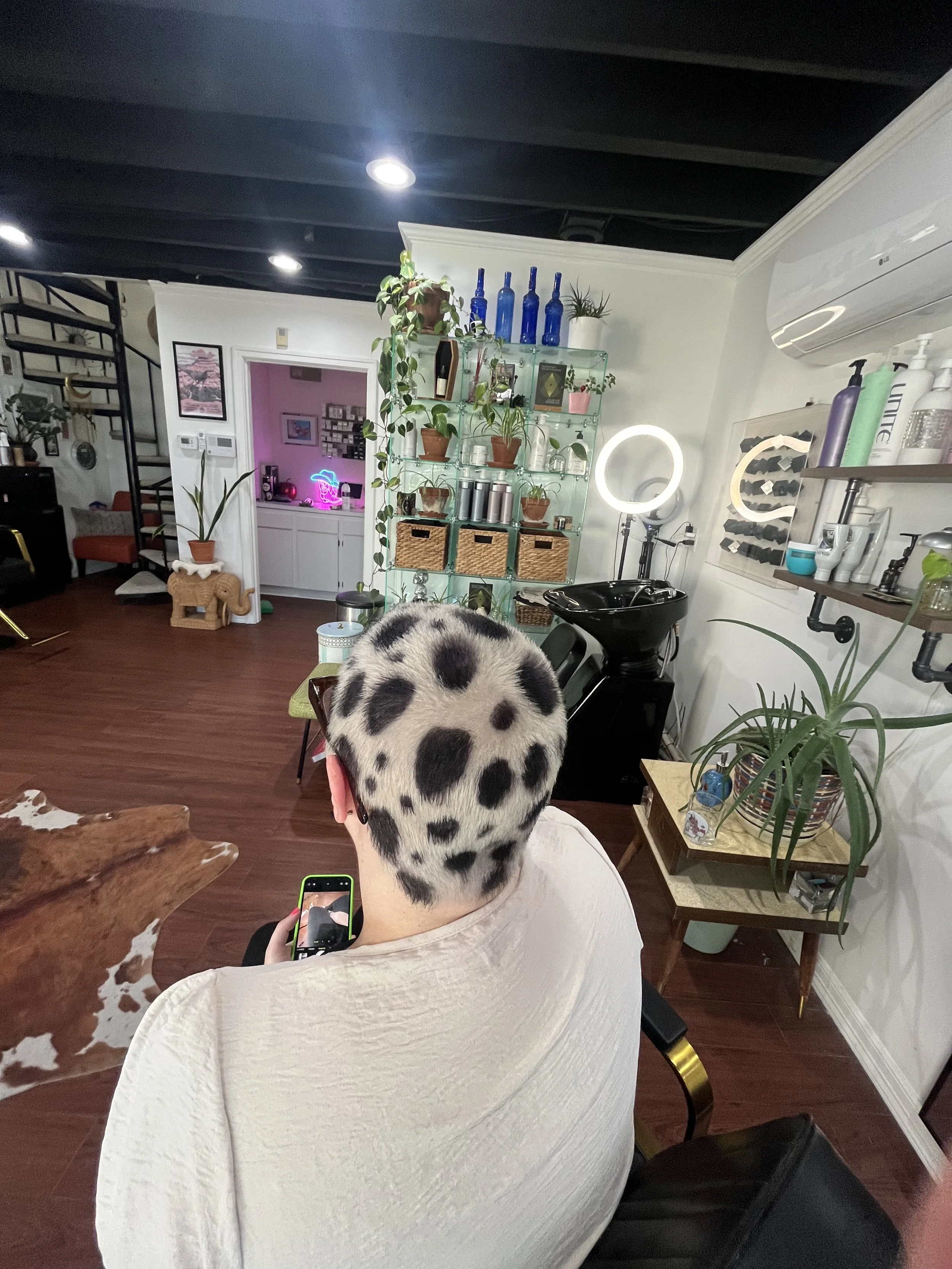 Person with black and white spotted hairstyle sitting in a hair salon, holding a phone, with various plants, bottles, and salon equipment inside.