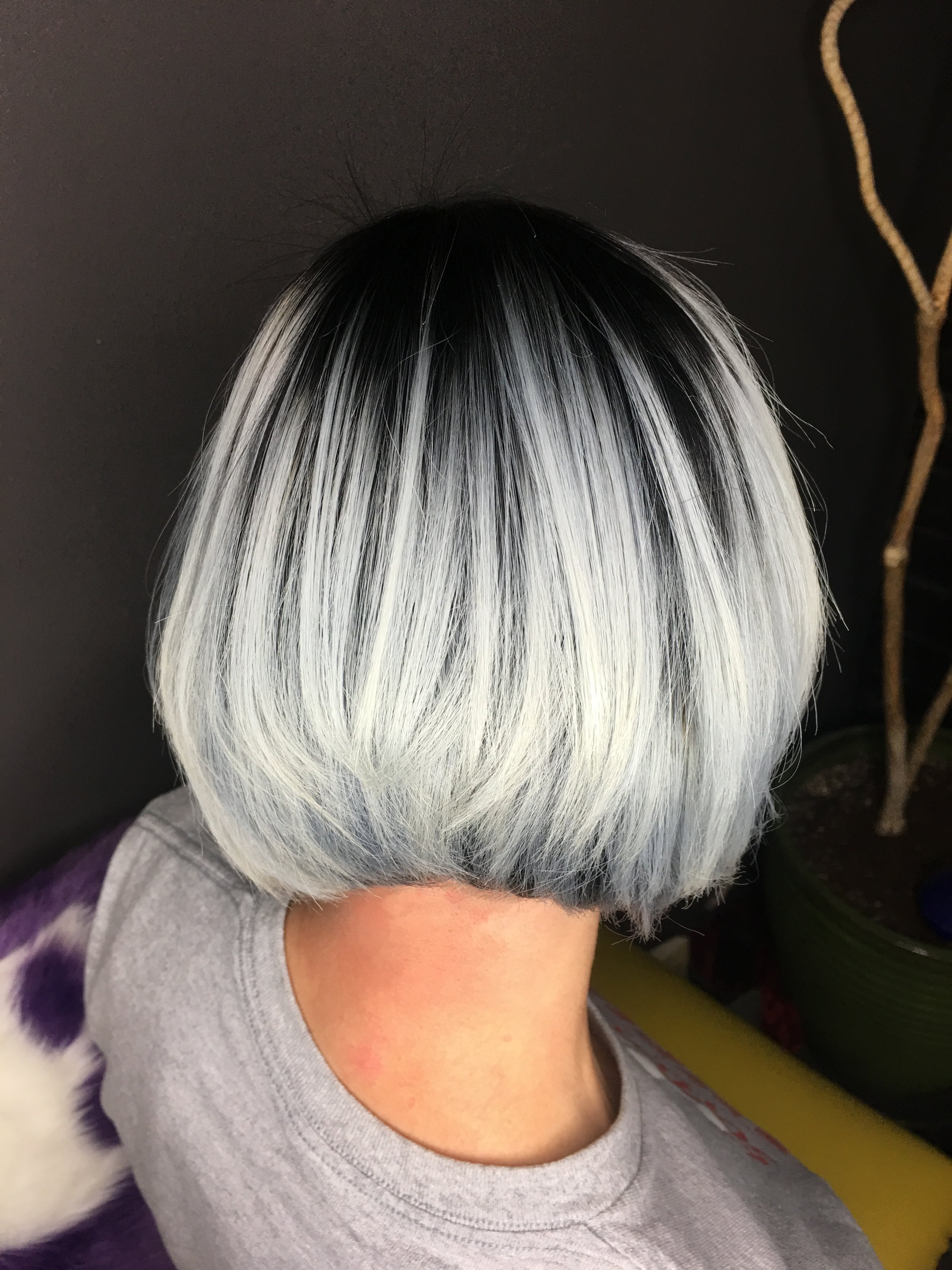 Close-up of a short, straight hairstyle with black roots fading into silver and white ends.