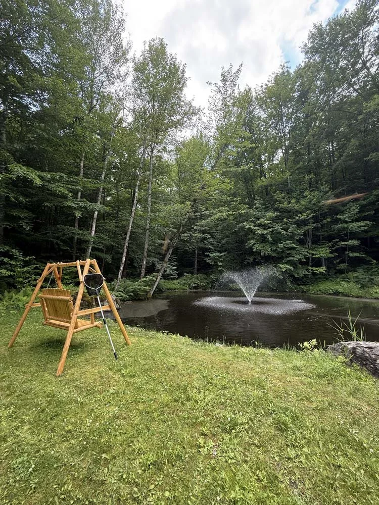 A swinging chair and water feature are installed.