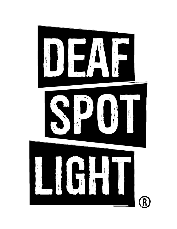 ID: The Deaf Spotlight logo consists of the following capitalized words, 'Deaf," "Spot," and "Light," staacked on each other in slanted shapes. The words are white with black backgrounds.