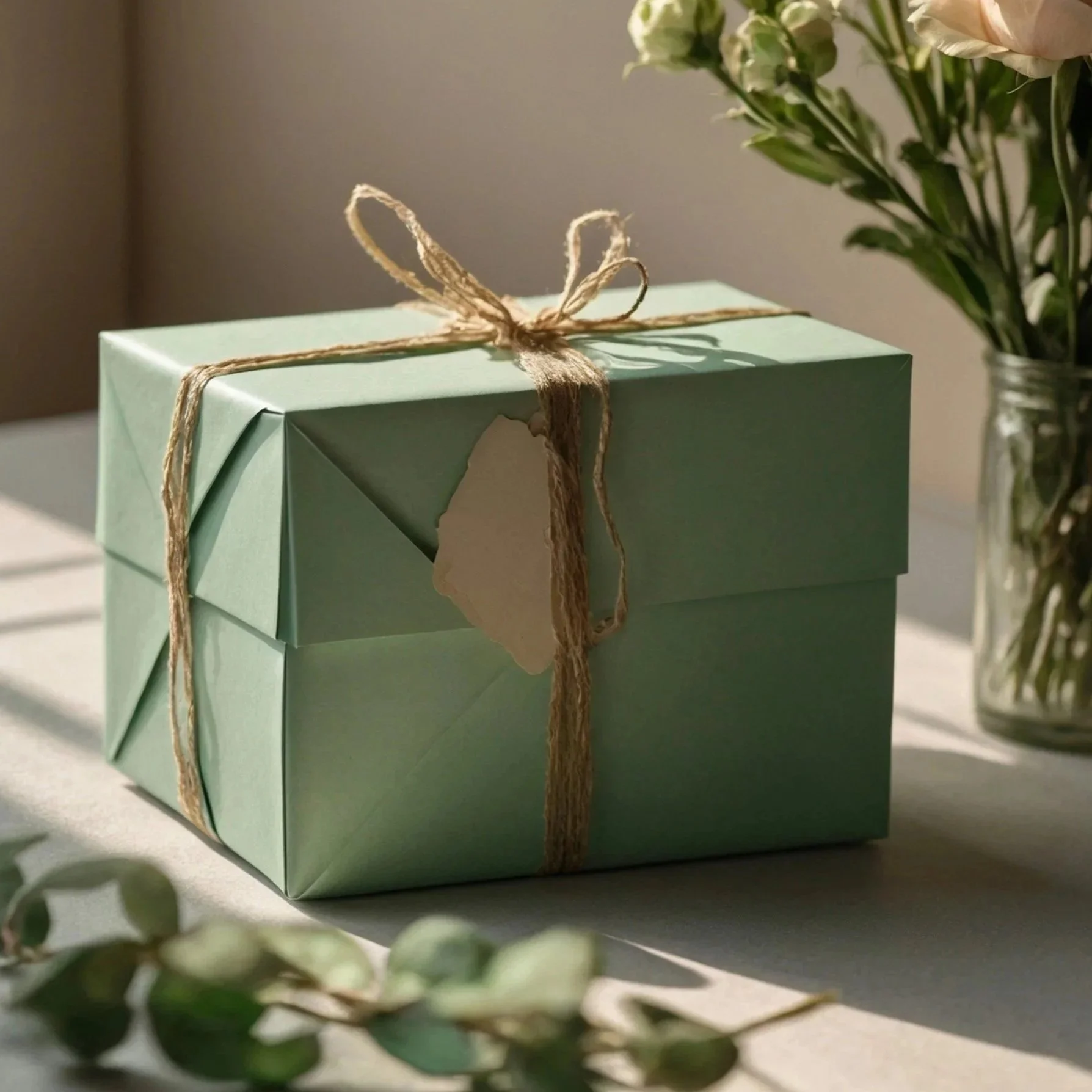A light green gift box with a textured, rustic twine bow, placed on a light surface beside a glass jar of white and pale pink roses.