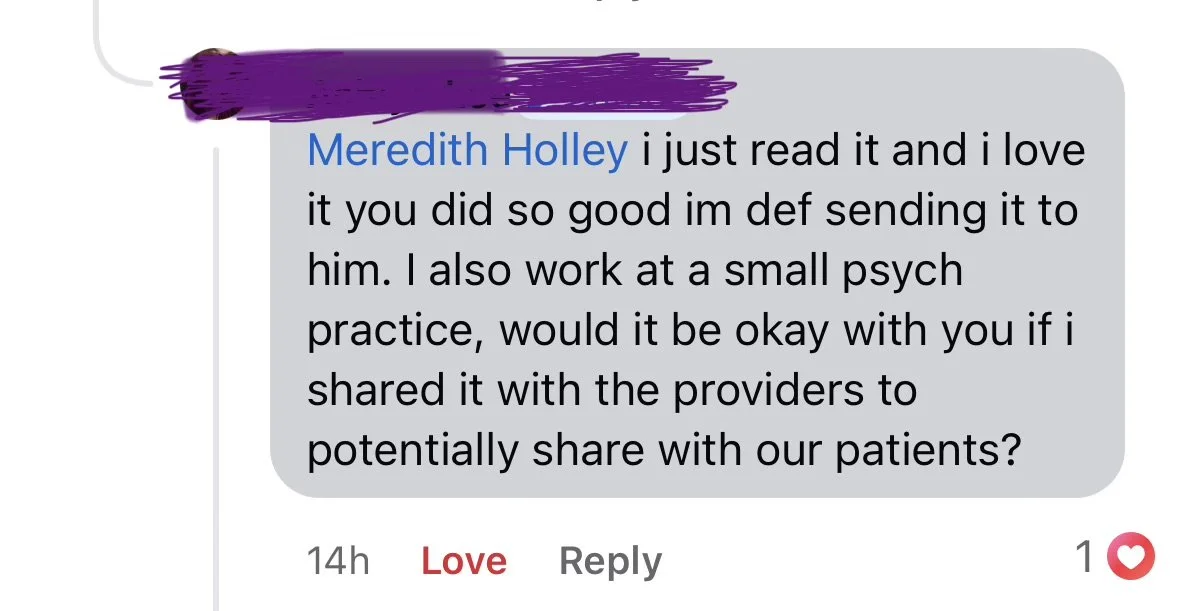 A screenshot of a text message conversation discussing sharing patient information with providers and asking for approval from a colleague named Meredith Holley.