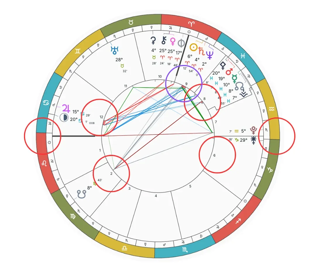 Image of a zodiac wheel with the relevant house cusps circled.